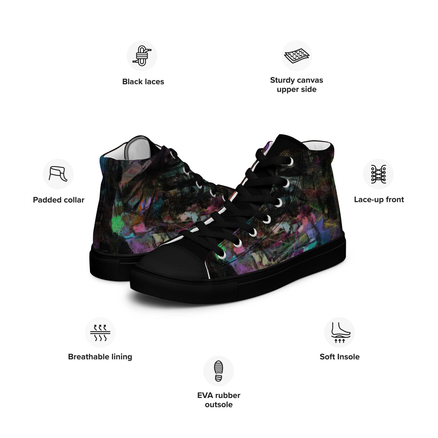 Hipyfi Chromatic Dreams Men's High-Top Sneakers with Bold Colorful Abstract Graffiti Print in Purple, Blue, and Green black-left-info