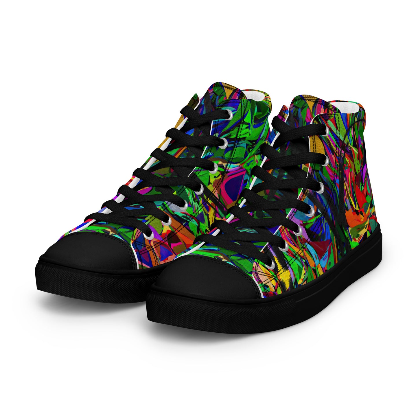 Men’s handmade high top canvas sneakers with abstract neon graphic design – Neon Mythos by Hipyfi Clothes & Design. black-left-front