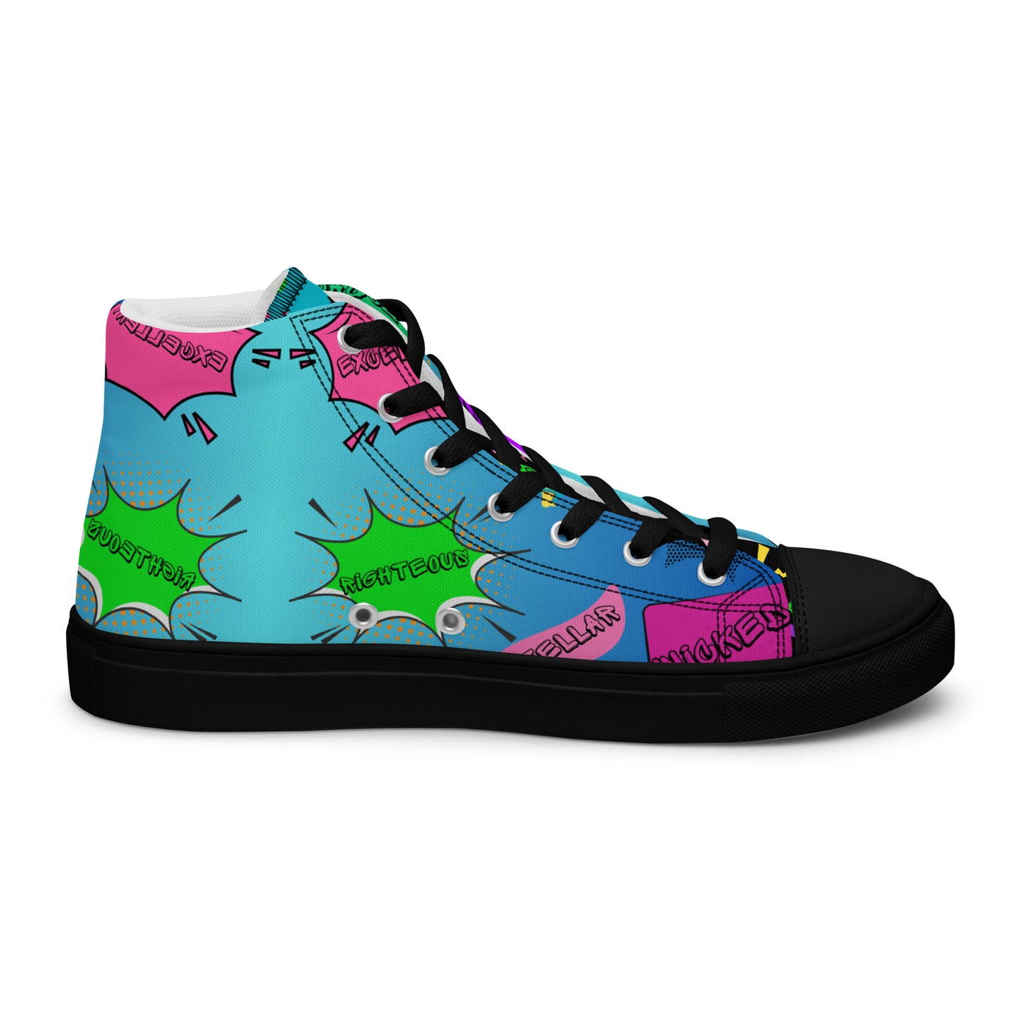 Hipyfi Retro Men’s High Top Canvas Sneakers – 1980s graphic design with bold colorful speech bubbles black-left-inside