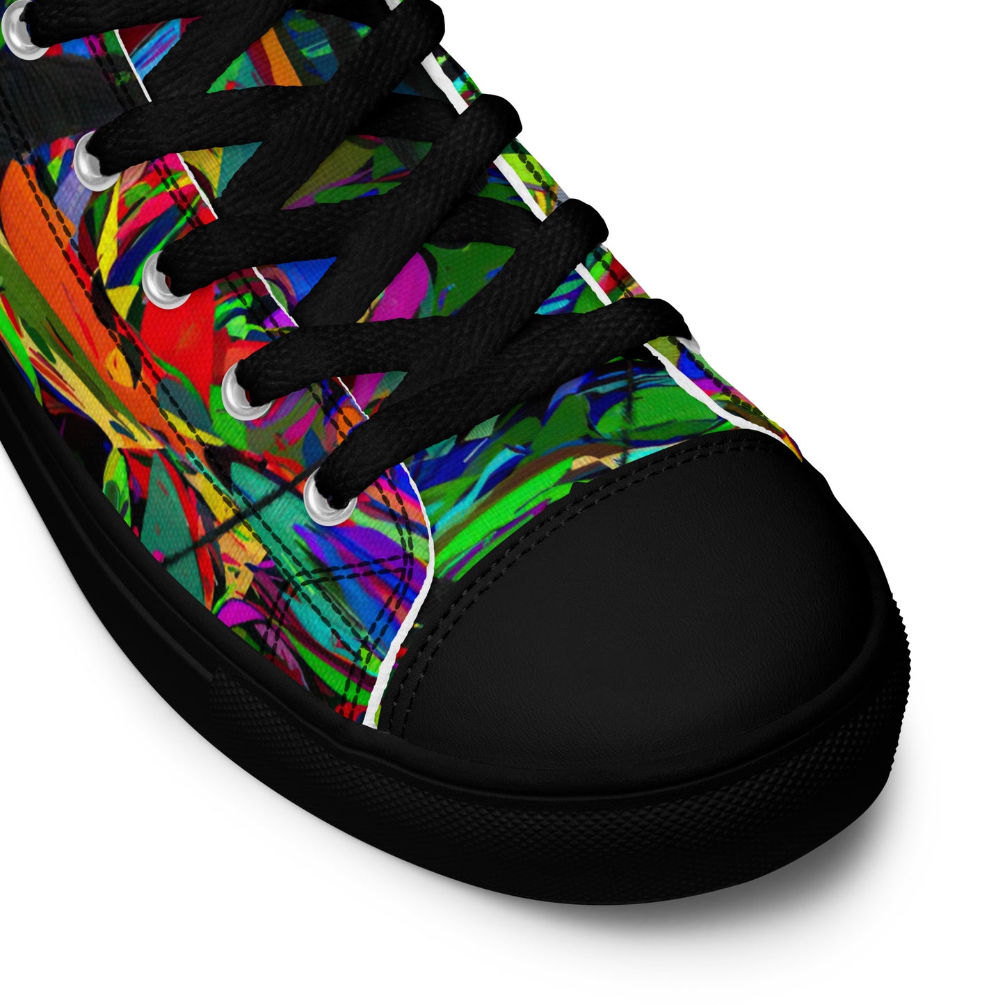 Men’s handmade high top canvas sneakers with abstract neon graphic design – Neon Mythos by Hipyfi Clothes & Design. black-product-details