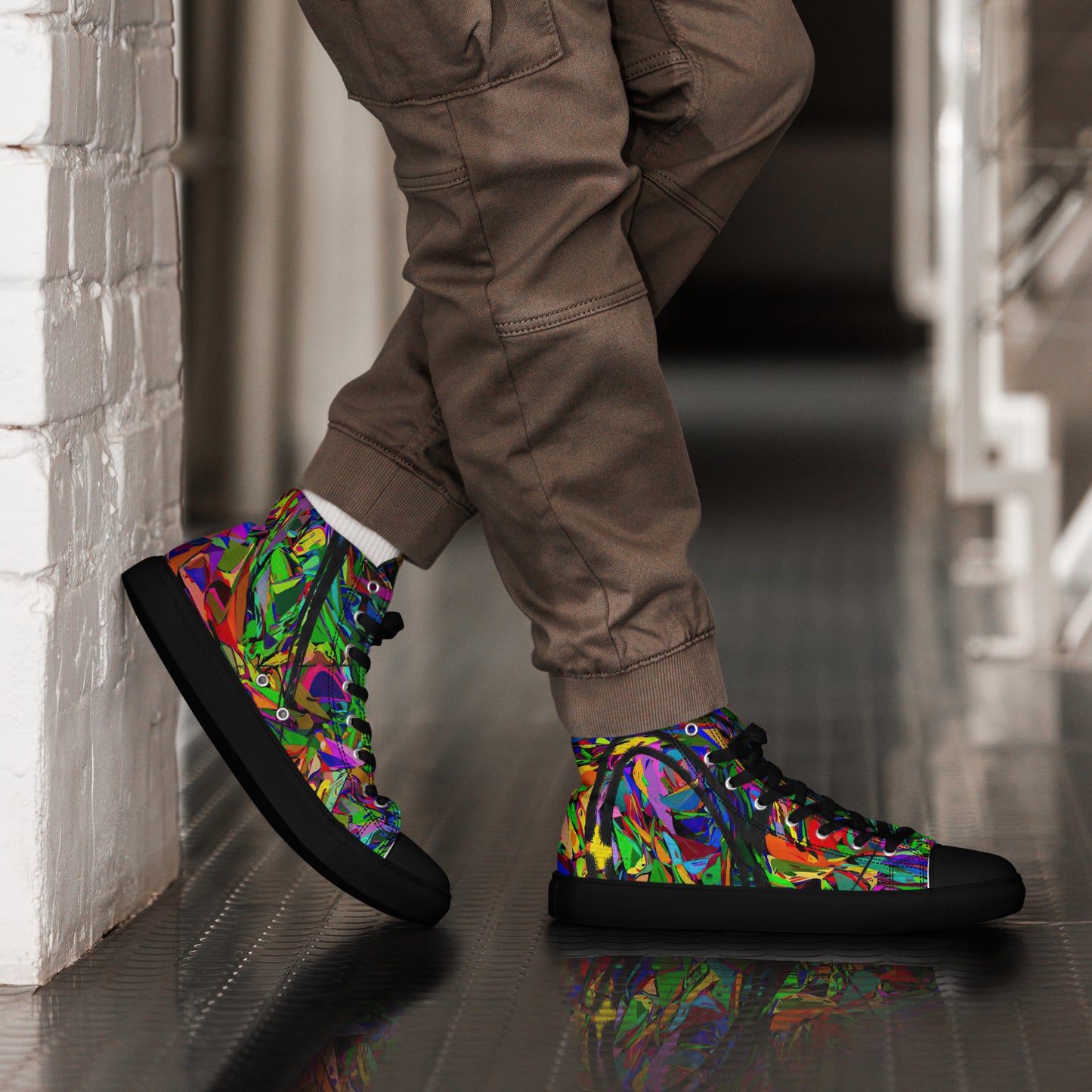 Men’s handmade high top canvas sneakers with abstract neon graphic design – Neon Mythos by Hipyfi Clothes & Design. black-right-2