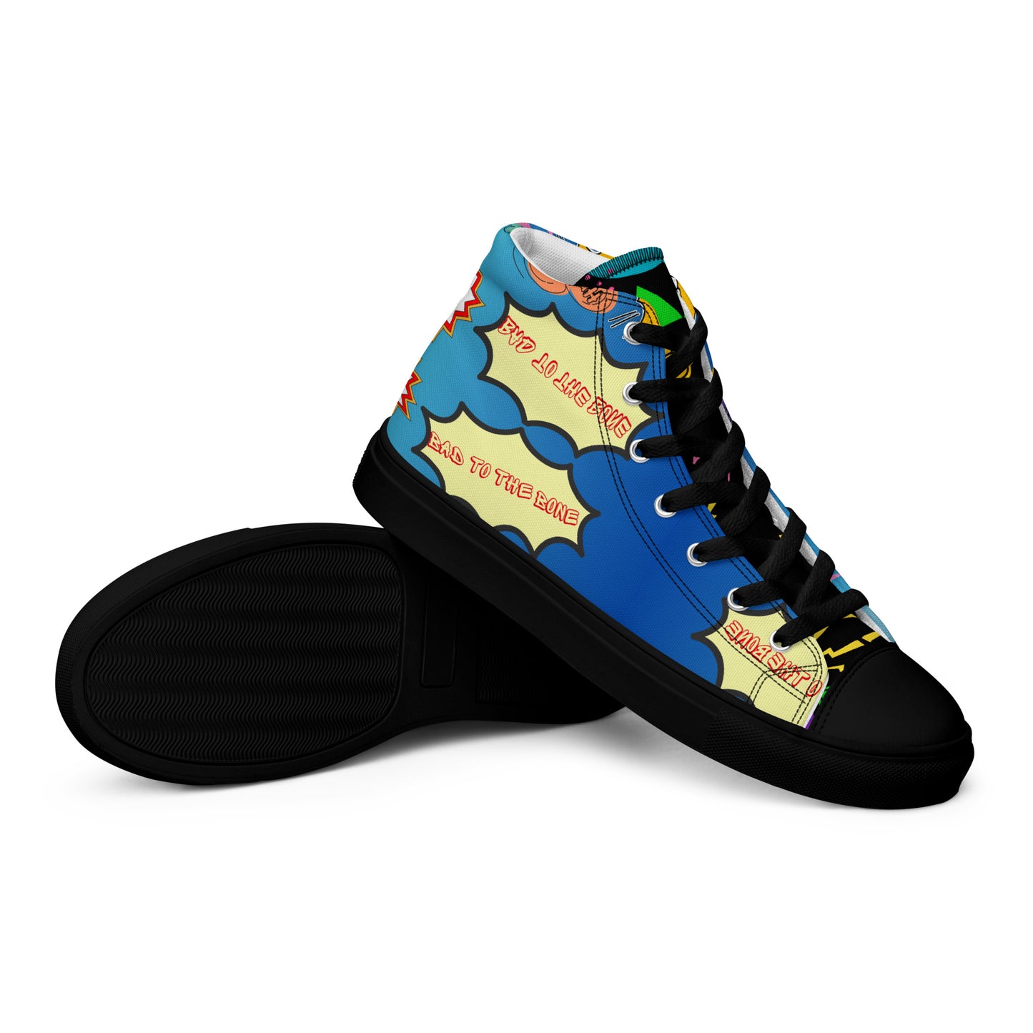 Hipyfi Retro Men’s High Top Canvas Sneakers – 1980s graphic design with bold colorful speech bubbles black-right-4