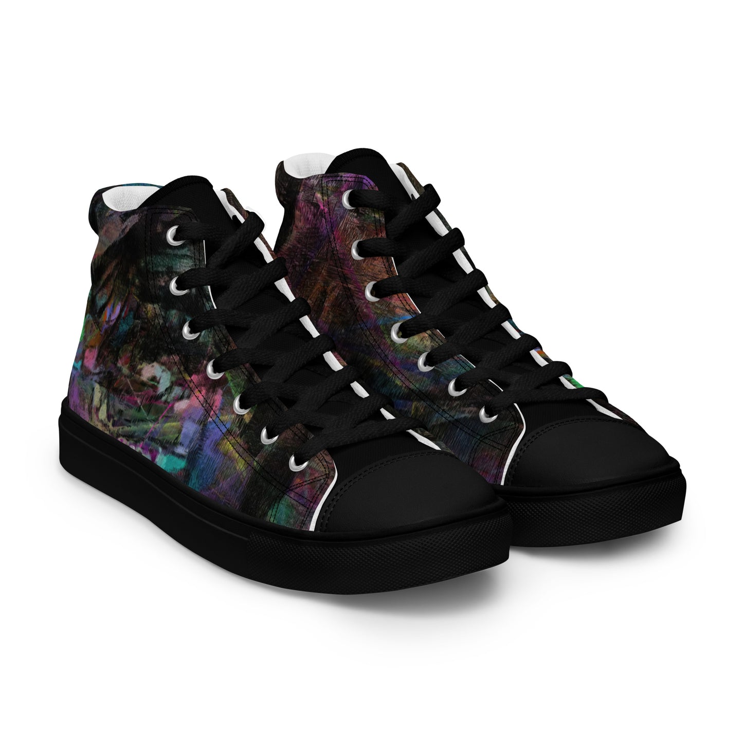 Hipyfi Chromatic Dreams Men's High-Top Sneakers with Bold Colorful Abstract Graffiti Print in Purple, Blue, and Green black-right-front-4