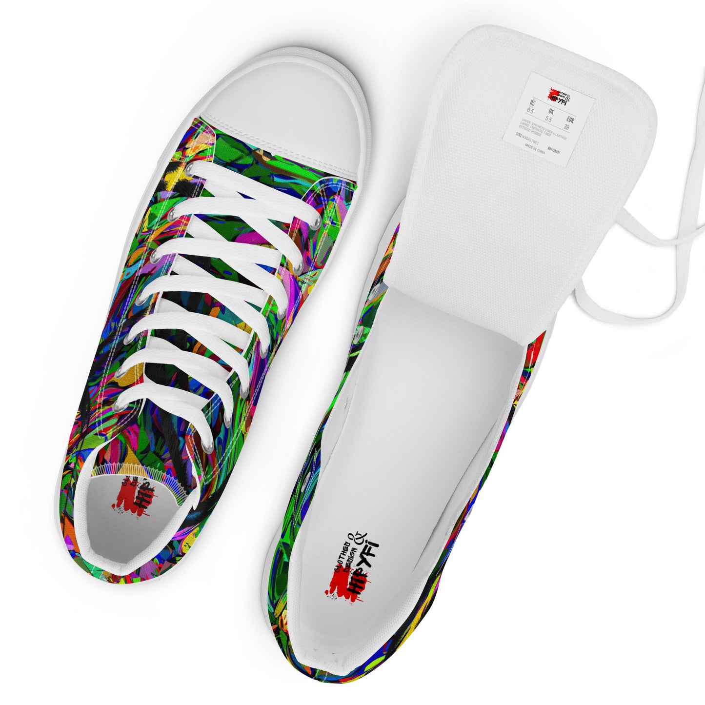 Men’s handmade high top canvas sneakers with abstract neon graphic design – Neon Mythos by Hipyfi Clothes & Design. white-branding-4
