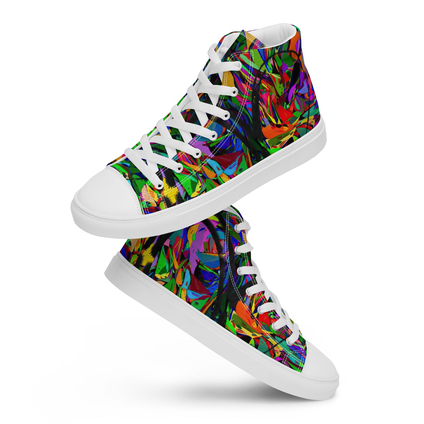 Men’s handmade high top canvas sneakers with abstract neon graphic design – Neon Mythos by Hipyfi Clothes & Design. white-front