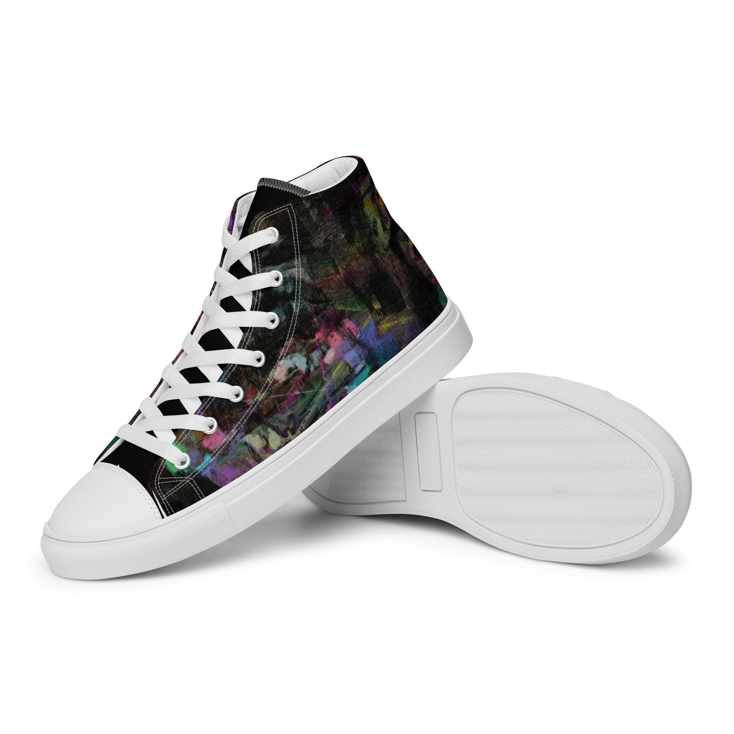 Hipyfi Chromatic Dreams Men's High-Top Sneakers with Bold Colorful Abstract Graffiti Print in Purple, Blue, and Green white-left-3