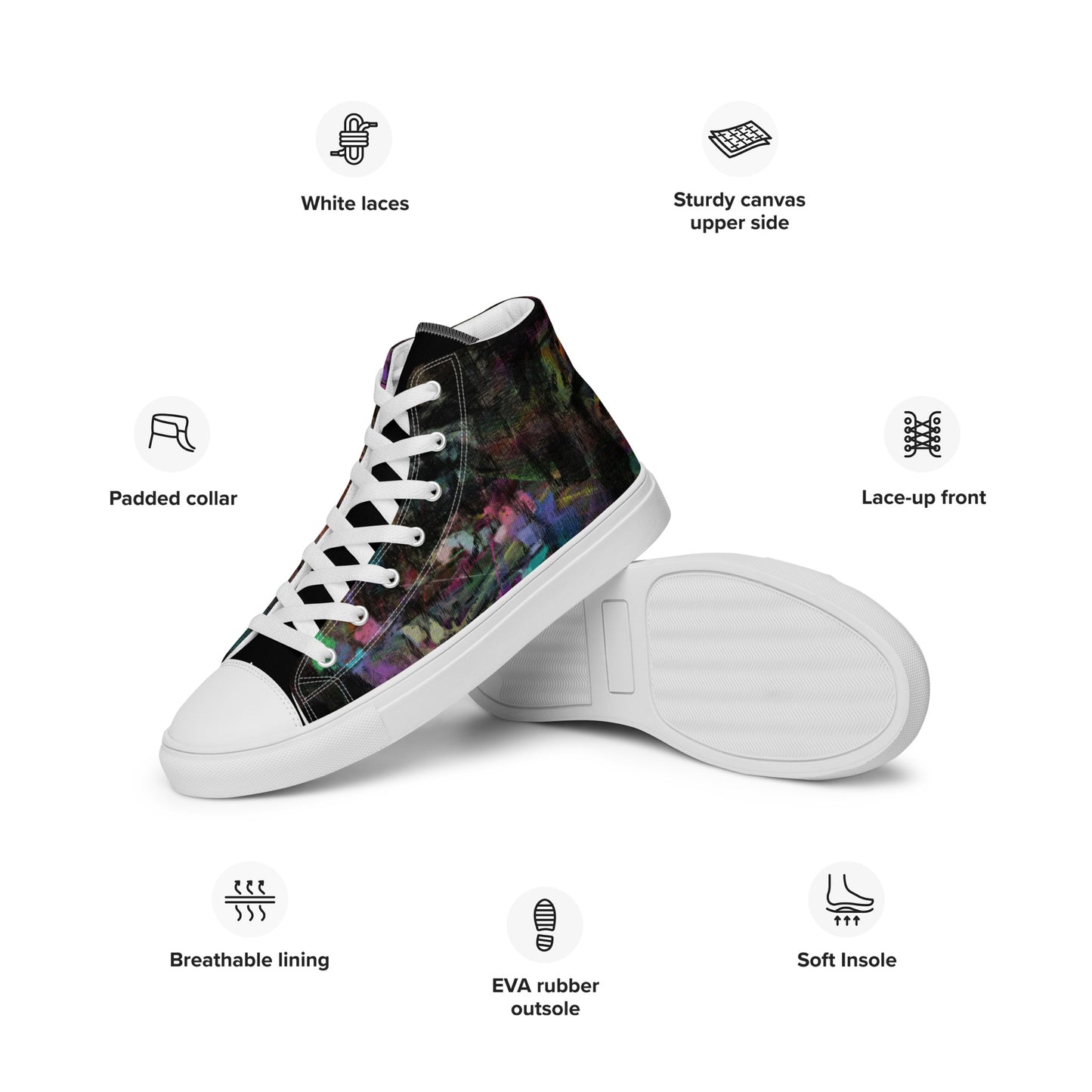 Hipyfi Chromatic Dreams Men's High-Top Sneakers with Bold Colorful Abstract Graffiti Print in Purple, Blue, and Green white-left-info
