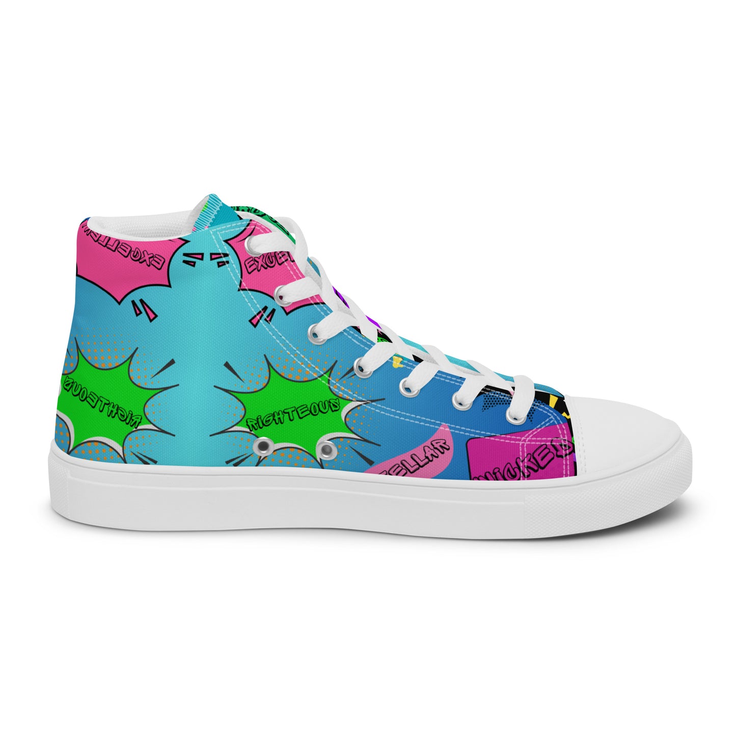 Hipyfi Retro Men’s High Top Canvas Sneakers – 1980s graphic design with bold colorful speech bubbles white-left-inside
