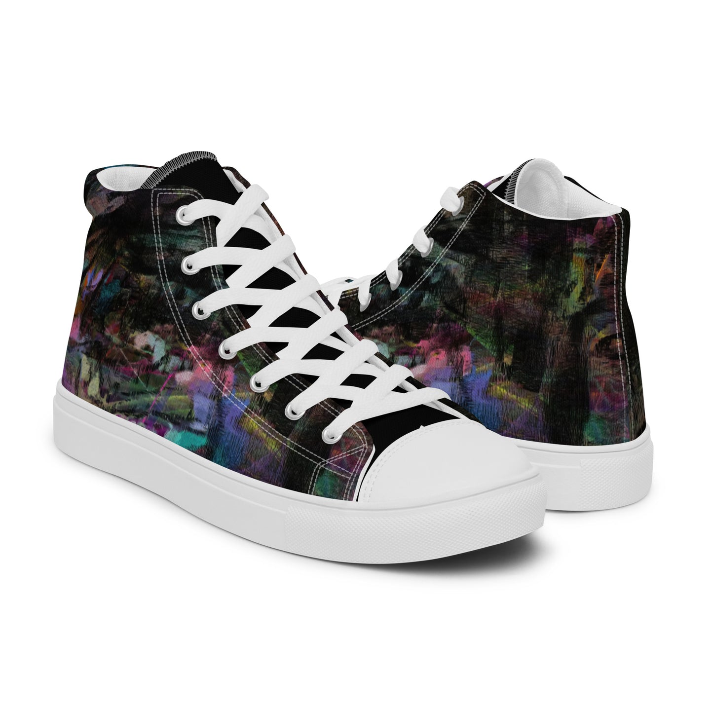 Hipyfi Chromatic Dreams Men's High-Top Sneakers with Bold Colorful Abstract Graffiti Print in Purple, Blue, and Green white-right-5