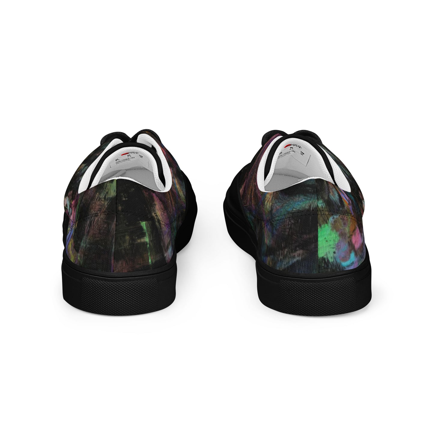 Hipyfi Men's Chromatic Dreams Artistic Lace-Up Sneakers with abstract multicolor streetwear design on white or black canvas soles. black-back-2