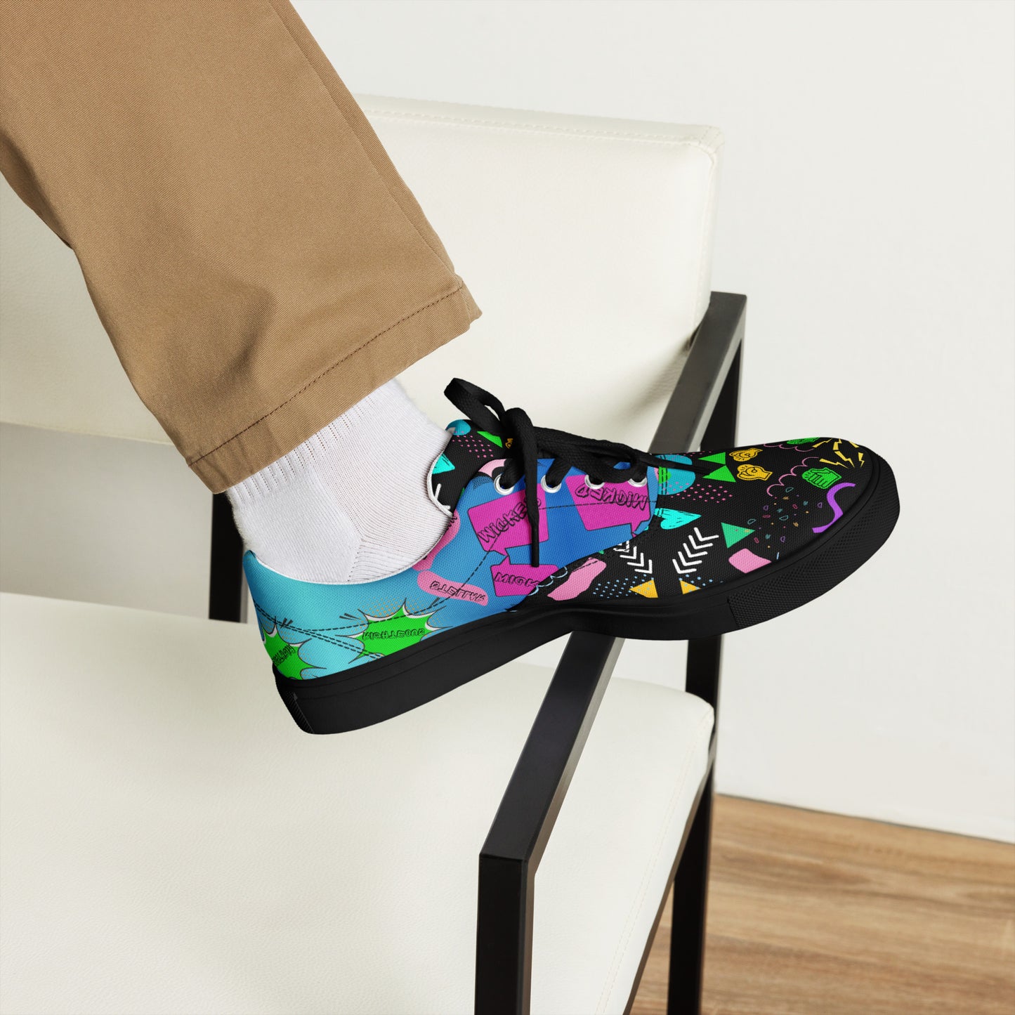 Men's retro lace-up canvas sneakers with 80s pop art design by Hipyfi – colorful vintage streetwear shoes black-front-3