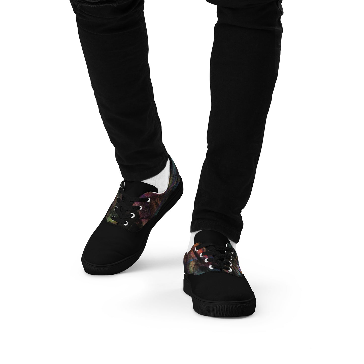 Hipyfi Men's Chromatic Dreams Artistic Lace-Up Sneakers with abstract multicolor streetwear design on white or black canvas soles. black-front-6