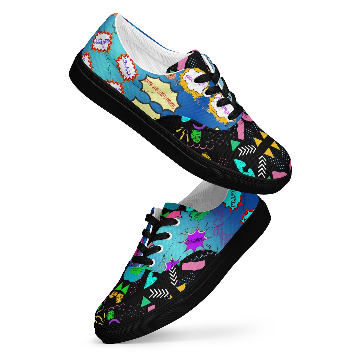 Men's retro lace-up canvas sneakers with 80s pop art design by Hipyfi – colorful vintage streetwear shoes black-front-6