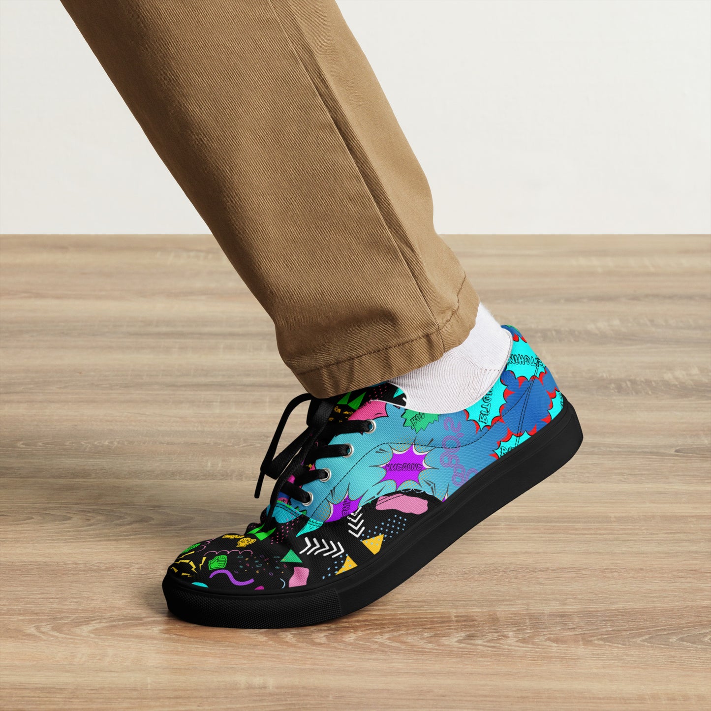 Men's retro lace-up canvas sneakers with 80s pop art design by Hipyfi – colorful vintage streetwear shoes black-front