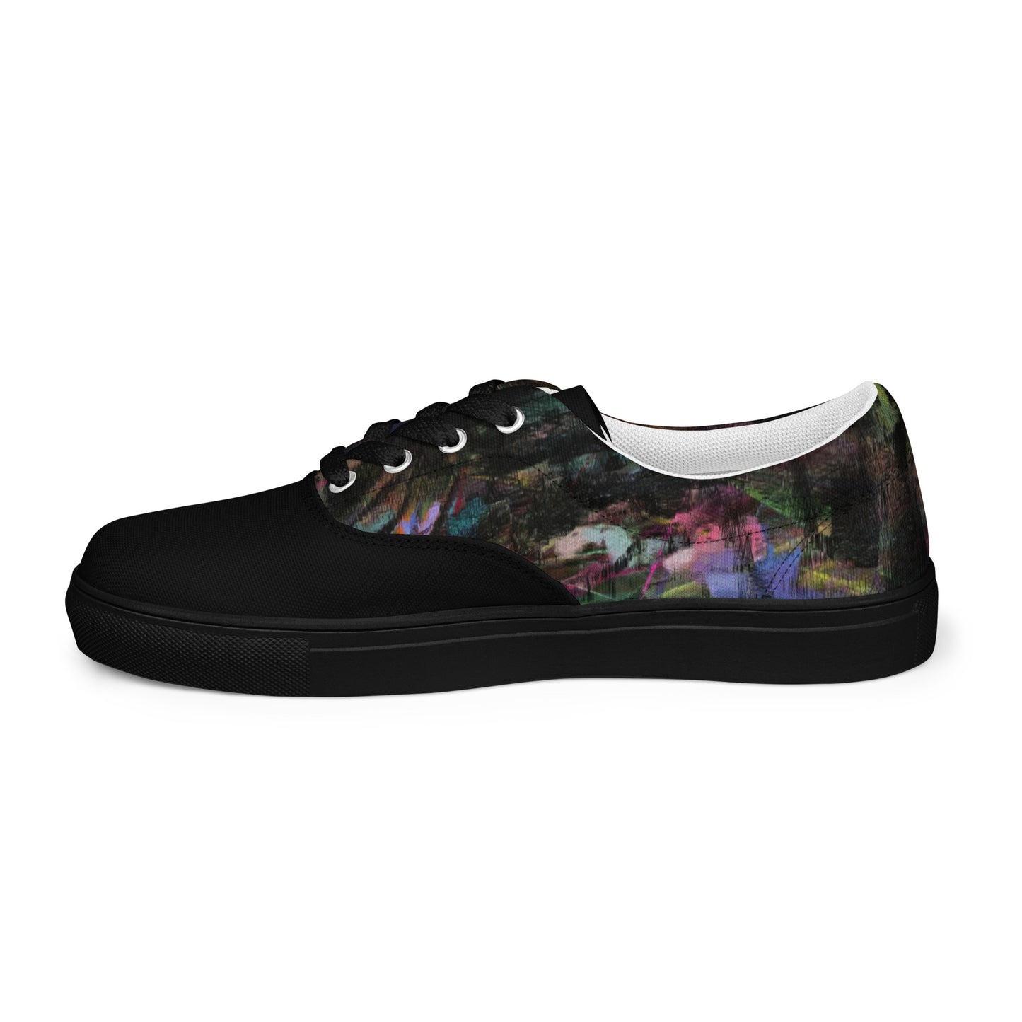 Hipyfi Men's Chromatic Dreams Artistic Lace-Up Sneakers with abstract multicolor streetwear design on white or black canvas soles. black-left-outside
