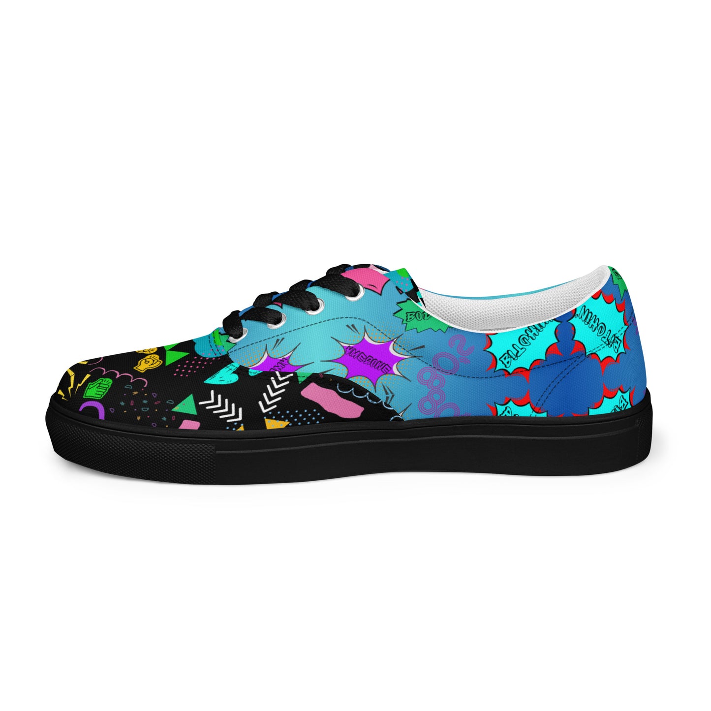 Men's retro lace-up canvas sneakers with 80s pop art design by Hipyfi – colorful vintage streetwear shoes black-left-outside