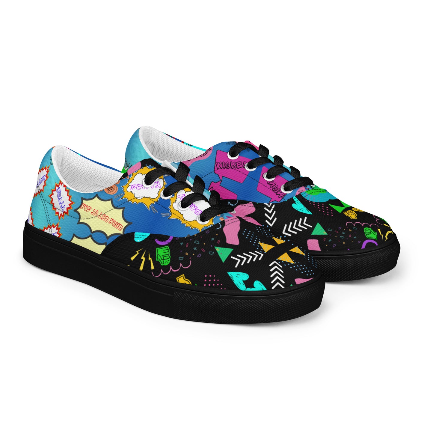 Men's retro lace-up canvas sneakers with 80s pop art design by Hipyfi – colorful vintage streetwear shoes black-right-front