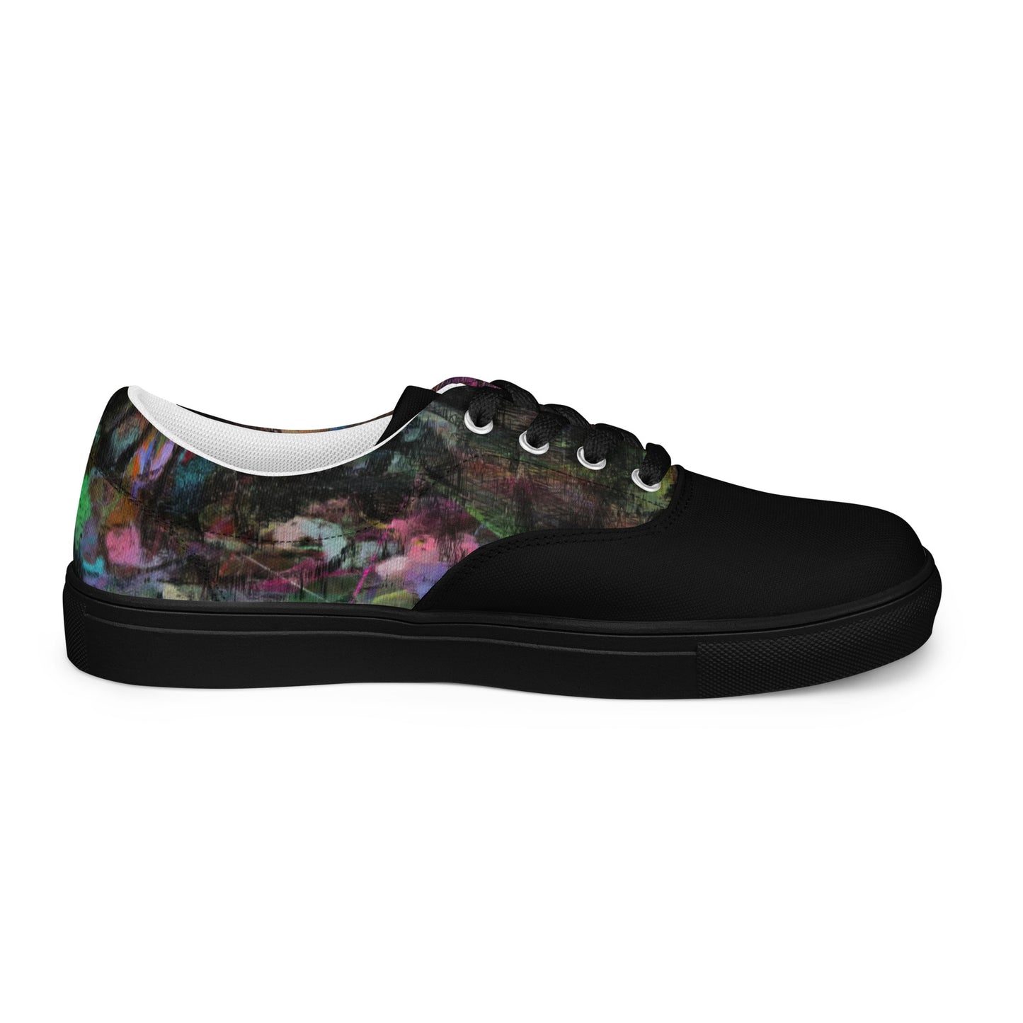 Hipyfi Men's Chromatic Dreams Artistic Lace-Up Sneakers with abstract multicolor streetwear design on white or black canvas soles. black-right-outside