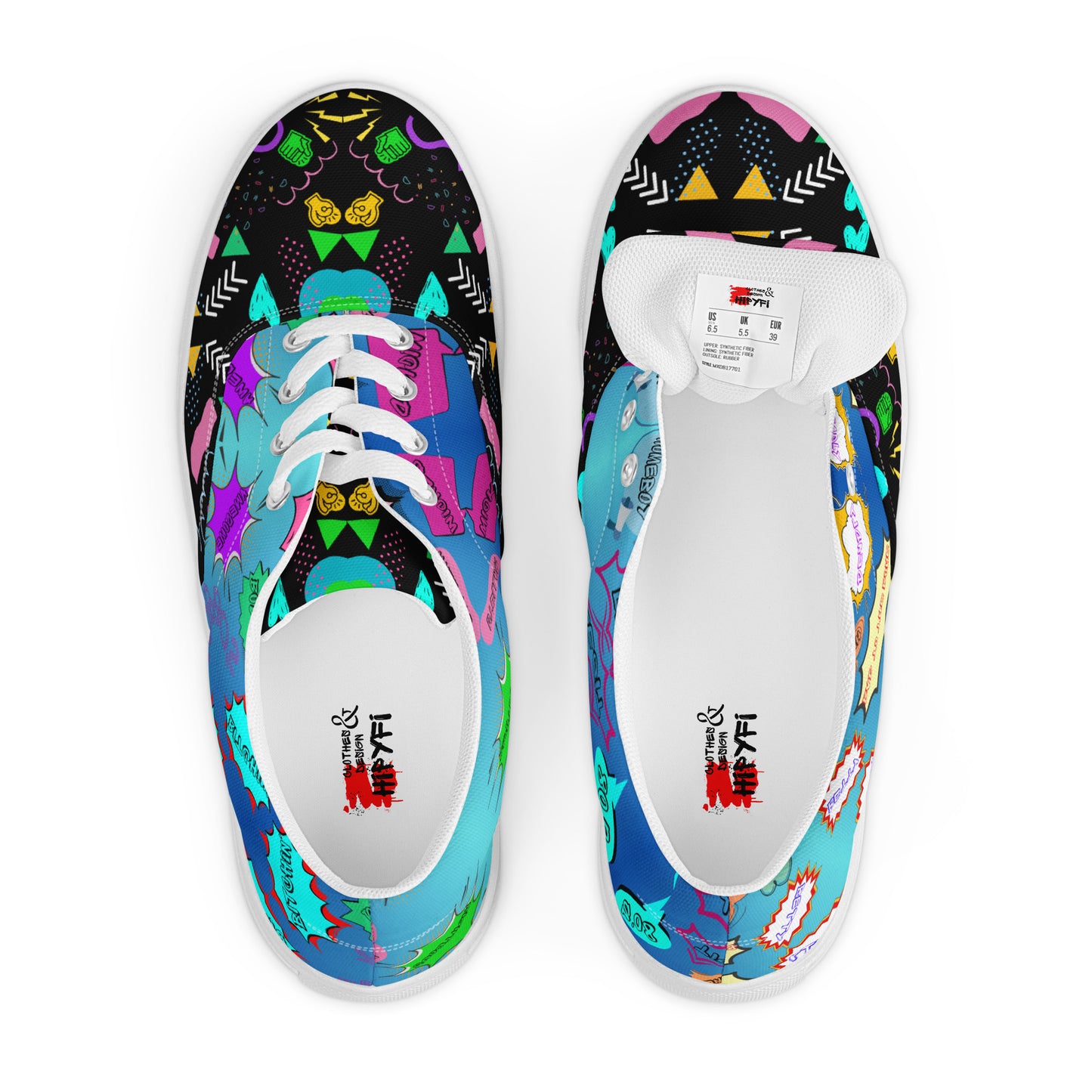 Men's retro lace-up canvas sneakers with 80s pop art design by Hipyfi – colorful vintage streetwear shoes white-front-5