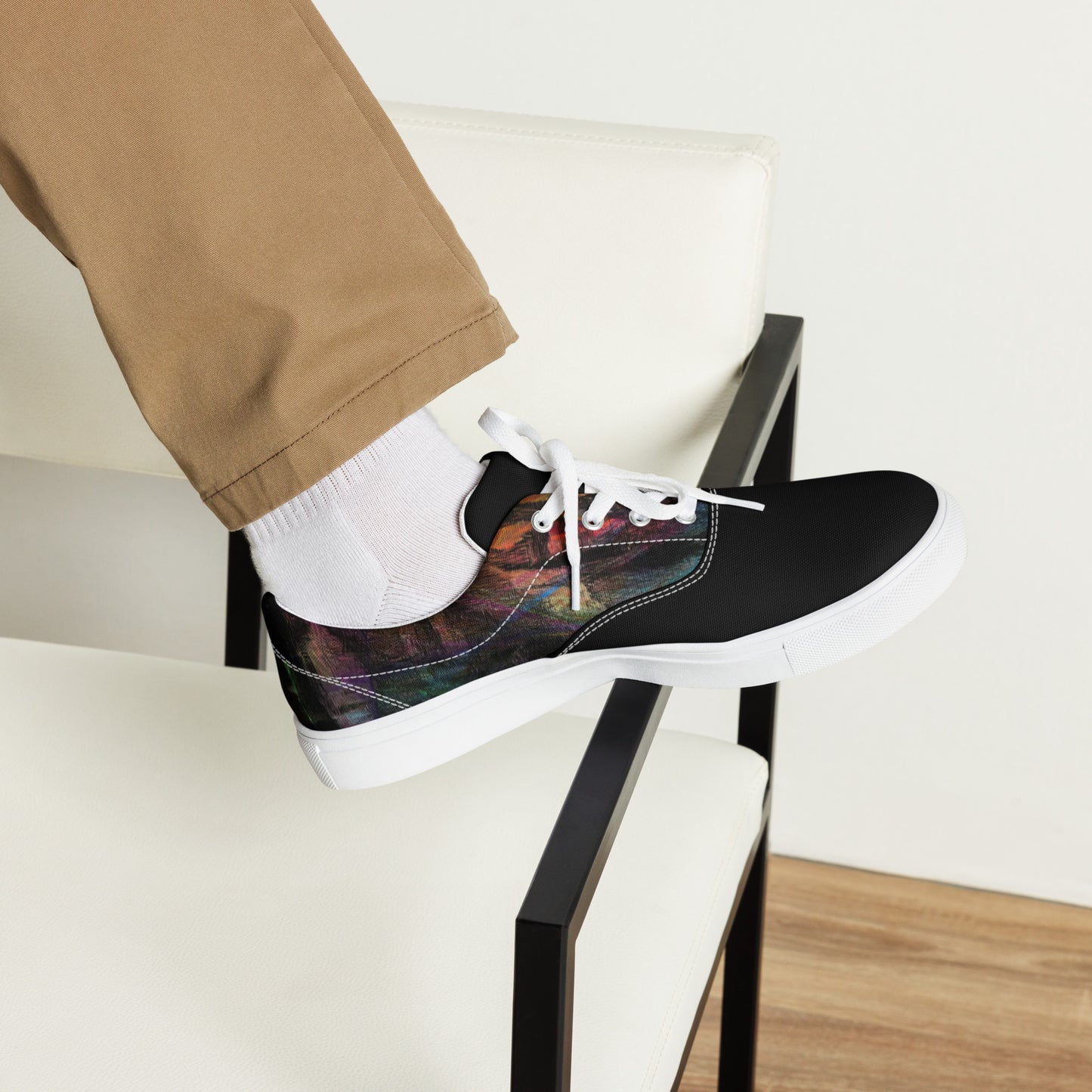 Hipyfi Men's Chromatic Dreams Artistic Lace-Up Sneakers with abstract multicolor streetwear design on white or black canvas soles. white-front-3