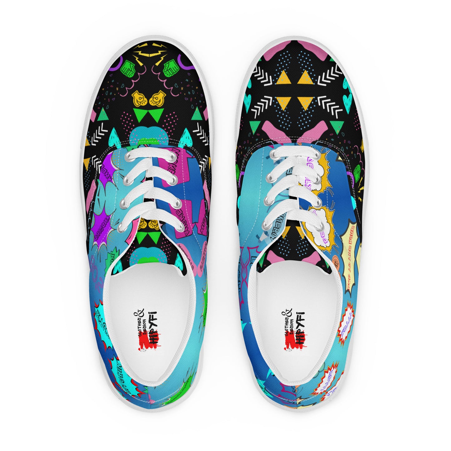 Men's retro lace-up canvas sneakers with 80s pop art design by Hipyfi – colorful vintage streetwear shoes white-front-6