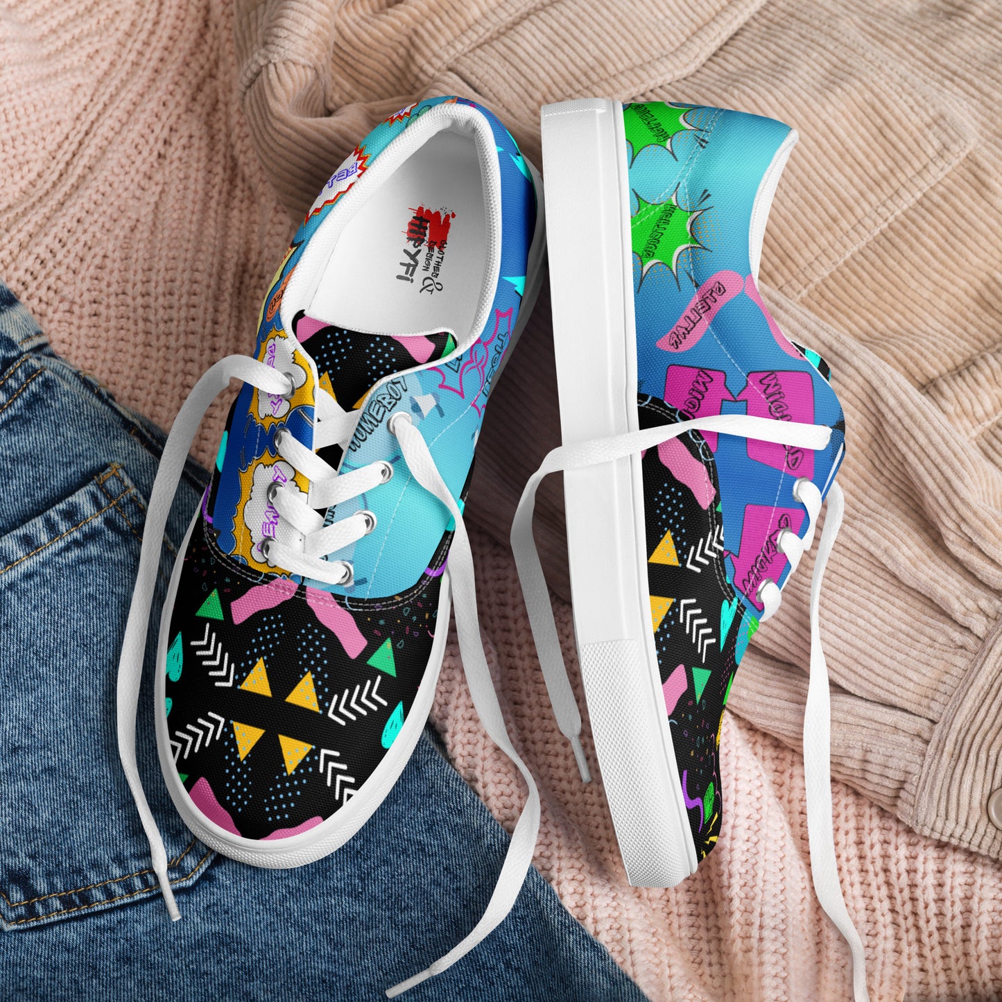 Men's retro lace-up canvas sneakers with 80s pop art design by Hipyfi – colorful vintage streetwear shoes white-front-5