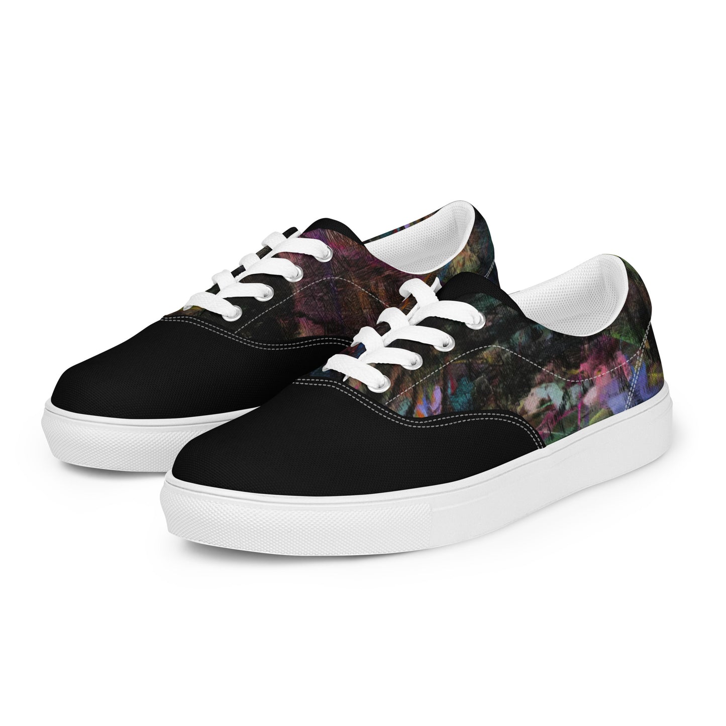 Hipyfi Men's Chromatic Dreams Artistic Lace-Up Sneakers with abstract multicolor streetwear design on white or black canvas soles. white-left-front-2
