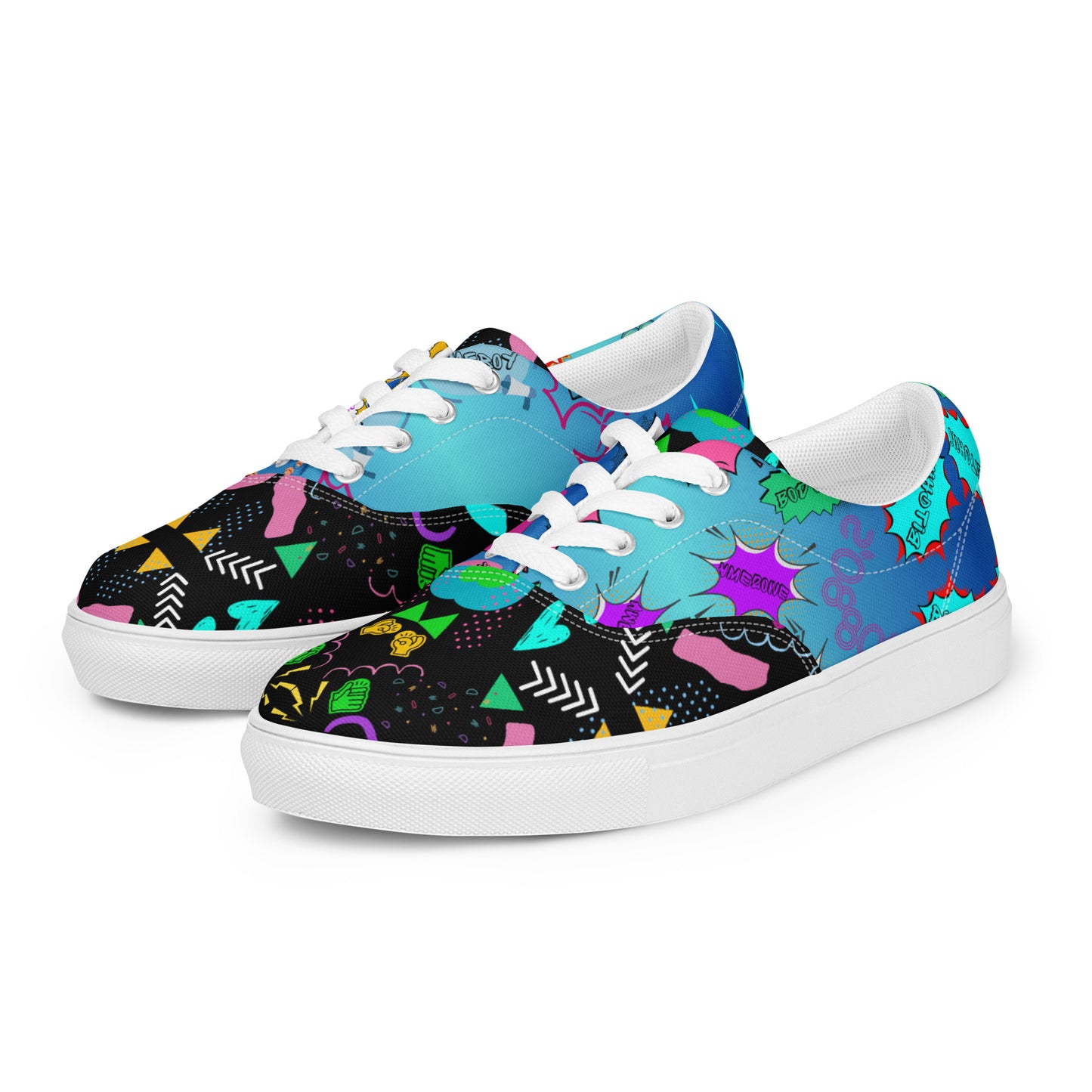 Men's retro lace-up canvas sneakers with 80s pop art design by Hipyfi – colorful vintage streetwear shoes white-left-front