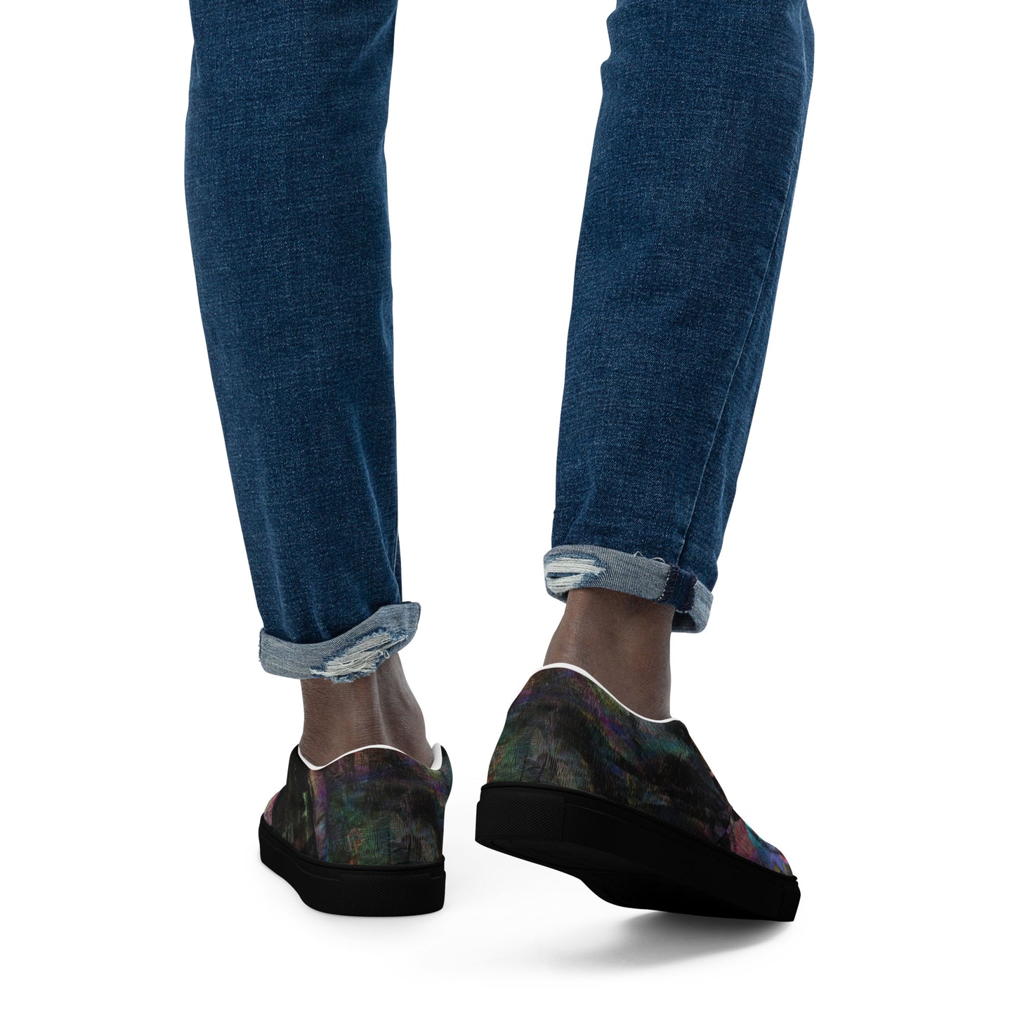 Hipyfi Chromatic Dreams men’s slip-on shoes with vibrant abstract art brushstroke print – urban street style canvas footwear. black-back