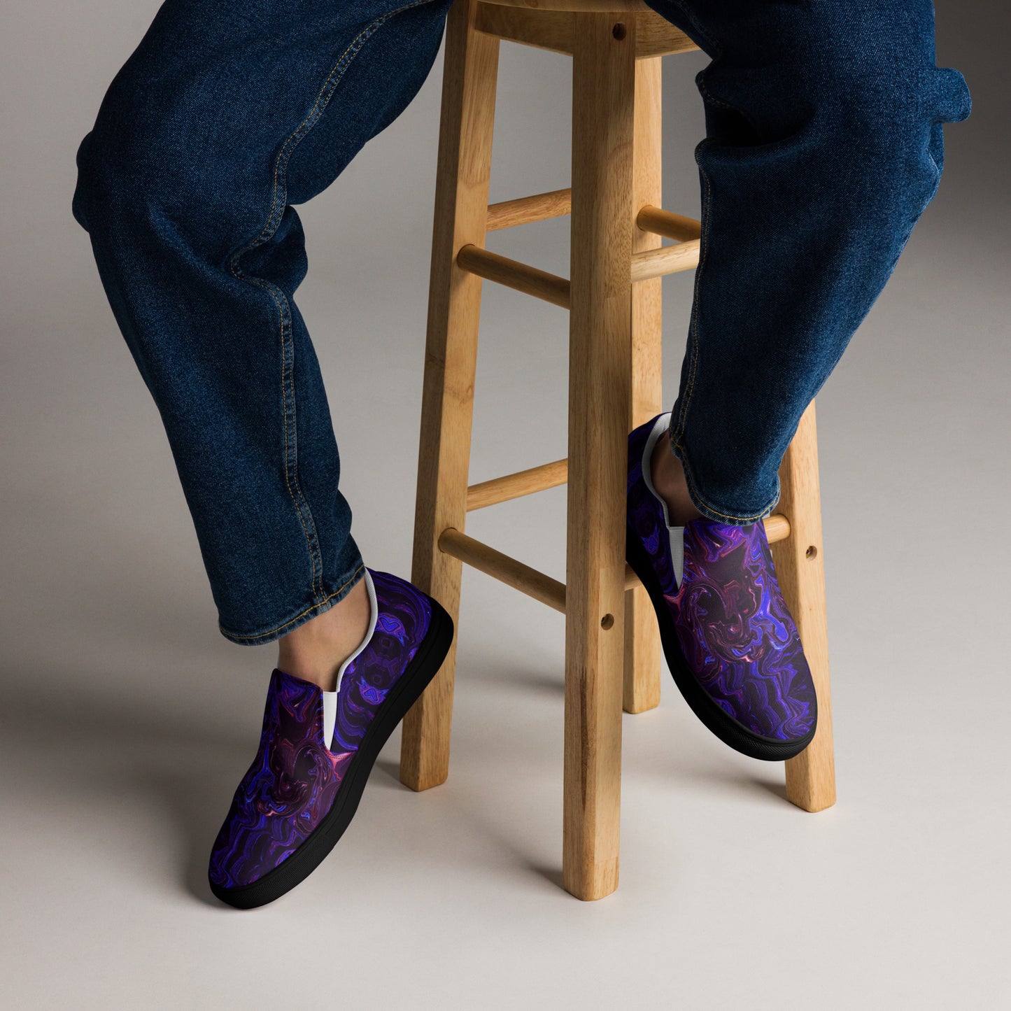 Men's slip-on canvas shoes with abstract purple and blue swirl design – stylish, handmade, and eco-friendly footwear by Hipyfi Clothes & Design. black-front-2