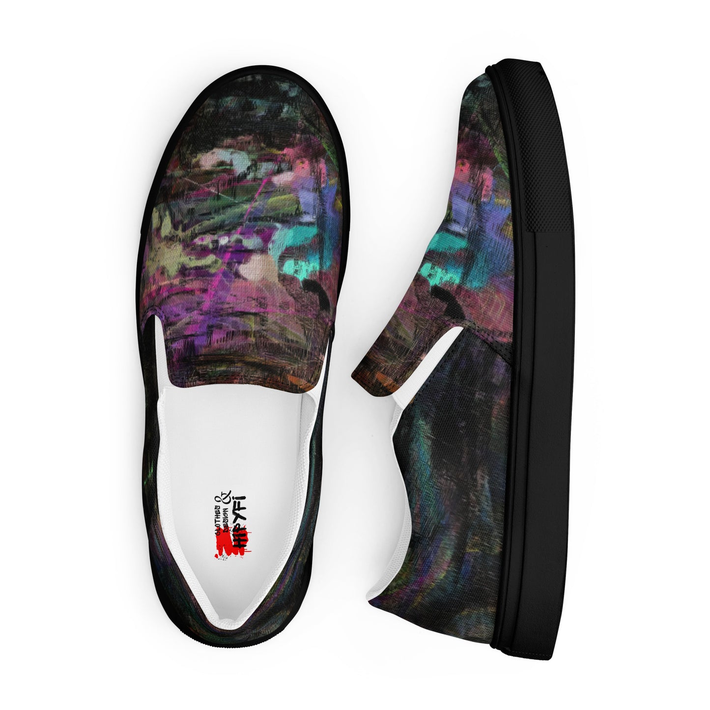 Hipyfi Chromatic Dreams men’s slip-on shoes with vibrant abstract art brushstroke print – urban street style canvas footwear. black-front-5