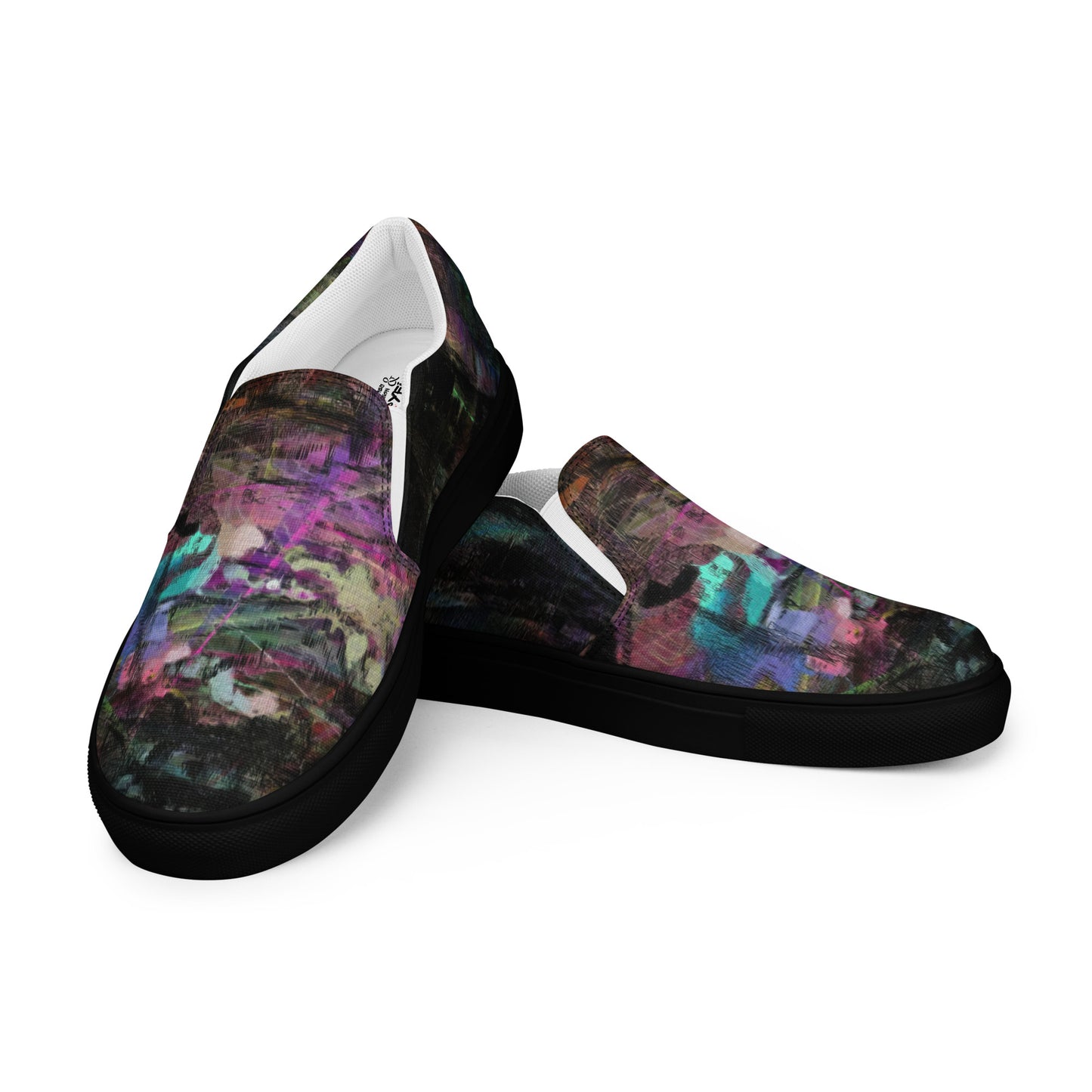 Hipyfi Chromatic Dreams men’s slip-on shoes with vibrant abstract art brushstroke print – urban street style canvas footwear. black-left-front-3