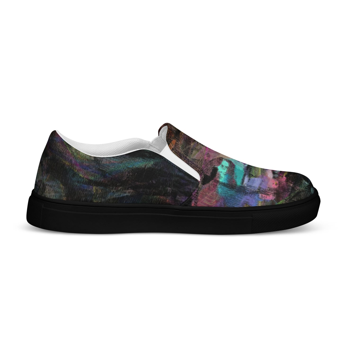 Hipyfi Chromatic Dreams men’s slip-on shoes with vibrant abstract art brushstroke print – urban street style canvas footwear. black-left-inside