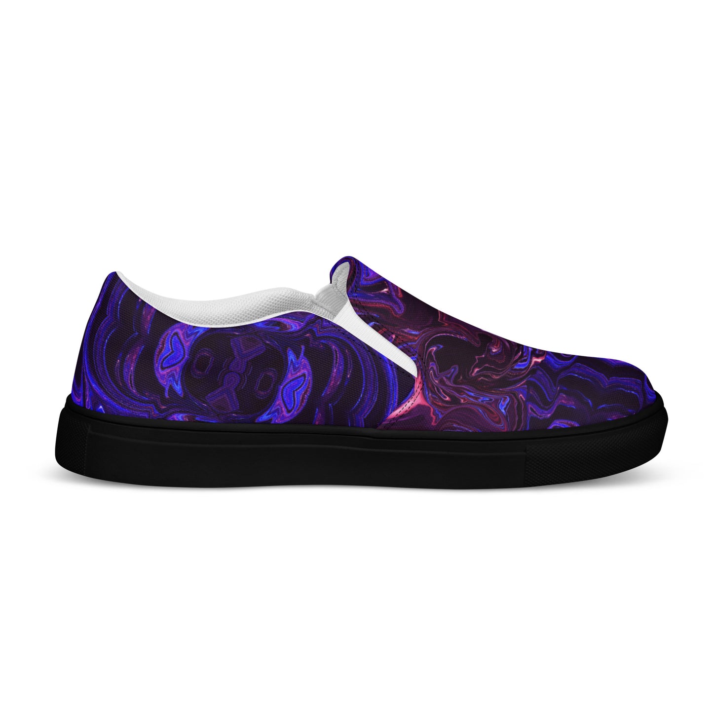 Men's slip-on canvas shoes with abstract purple and blue swirl design – stylish, handmade, and eco-friendly footwear by Hipyfi Clothes & Design. black-left-inside