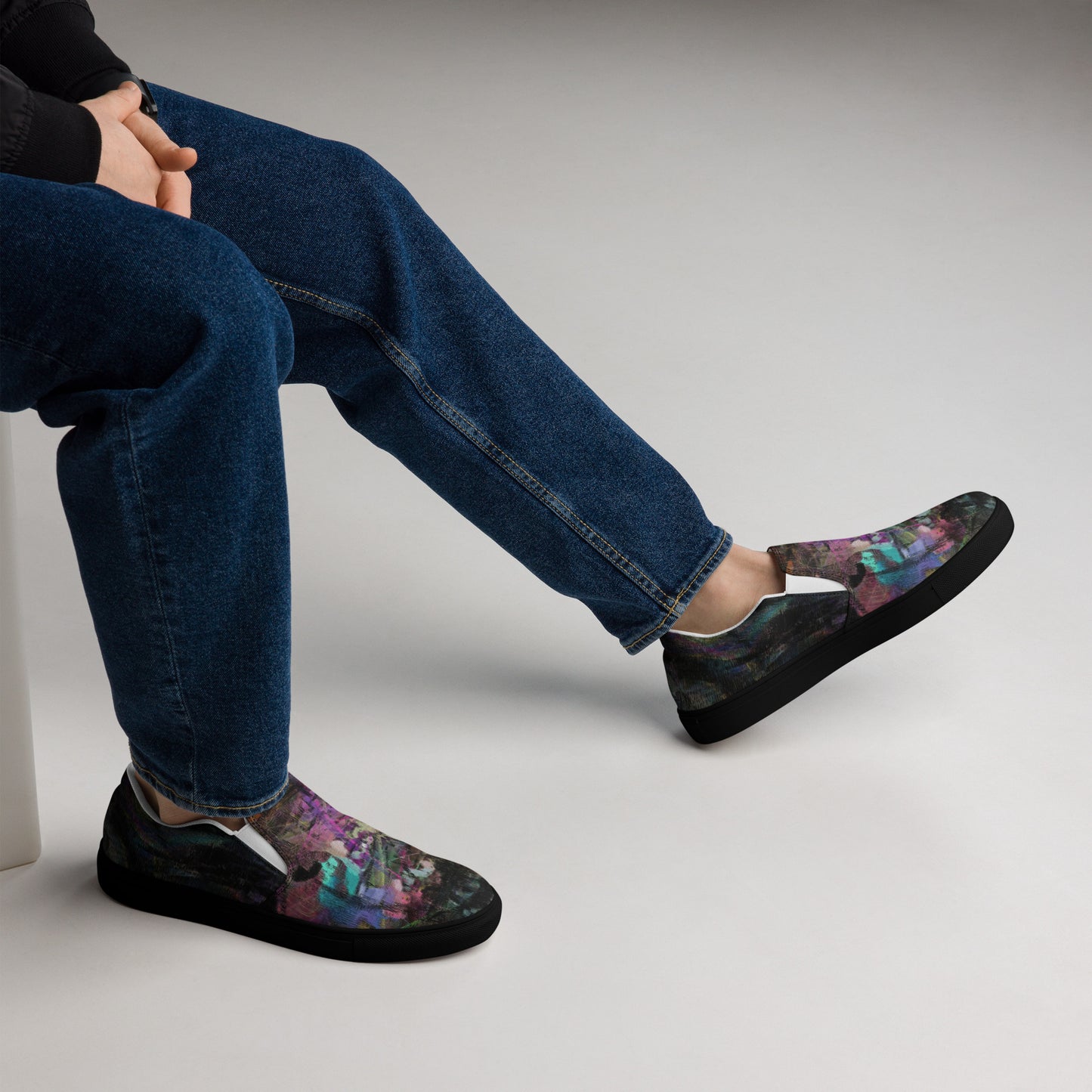 Hipyfi Chromatic Dreams men’s slip-on shoes with vibrant abstract art brushstroke print – urban street style canvas footwear. black-right
