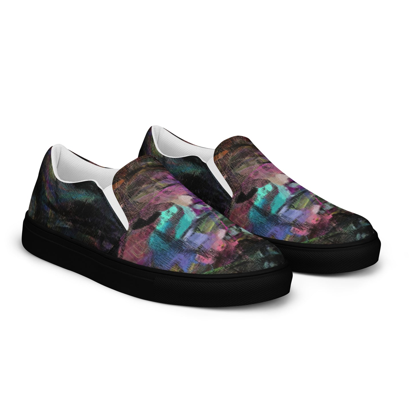 Hipyfi Chromatic Dreams men’s slip-on shoes with vibrant abstract art brushstroke print – urban street style canvas footwear. black-right-front-2