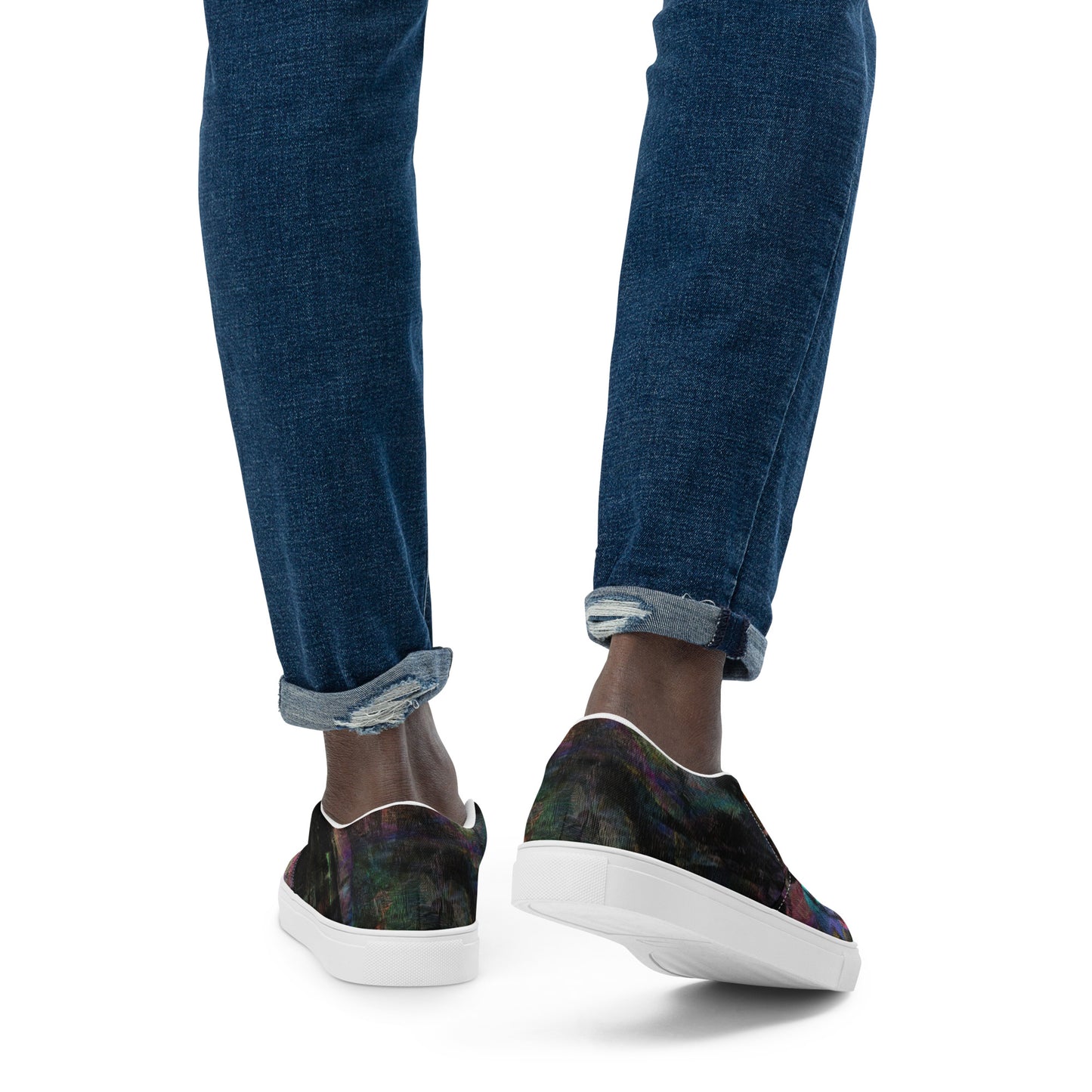Hipyfi Chromatic Dreams men’s slip-on shoes with vibrant abstract art brushstroke print – urban street style canvas footwear. white-back