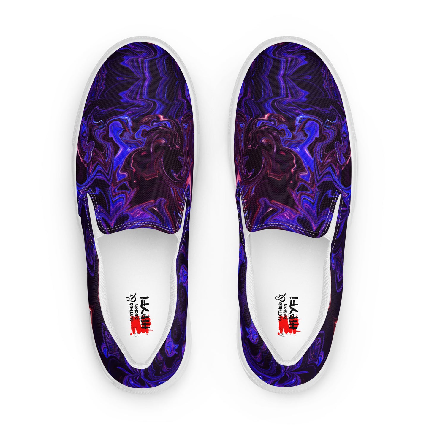 Men's slip-on canvas shoes with abstract purple and blue swirl design – stylish, handmade, and eco-friendly footwear by Hipyfi Clothes & Design. white-front-2