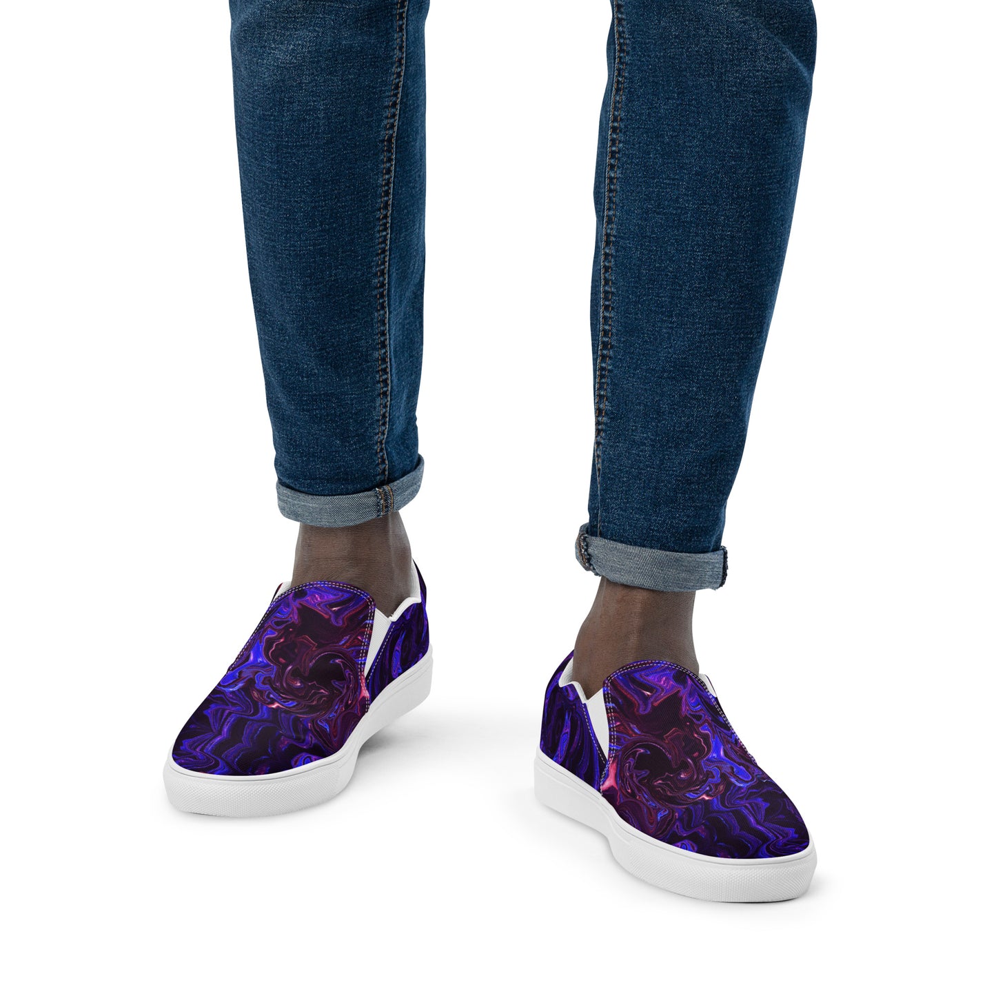 Men's slip-on canvas shoes with abstract purple and blue swirl design – stylish, handmade, and eco-friendly footwear by Hipyfi Clothes & Design. white-front-2