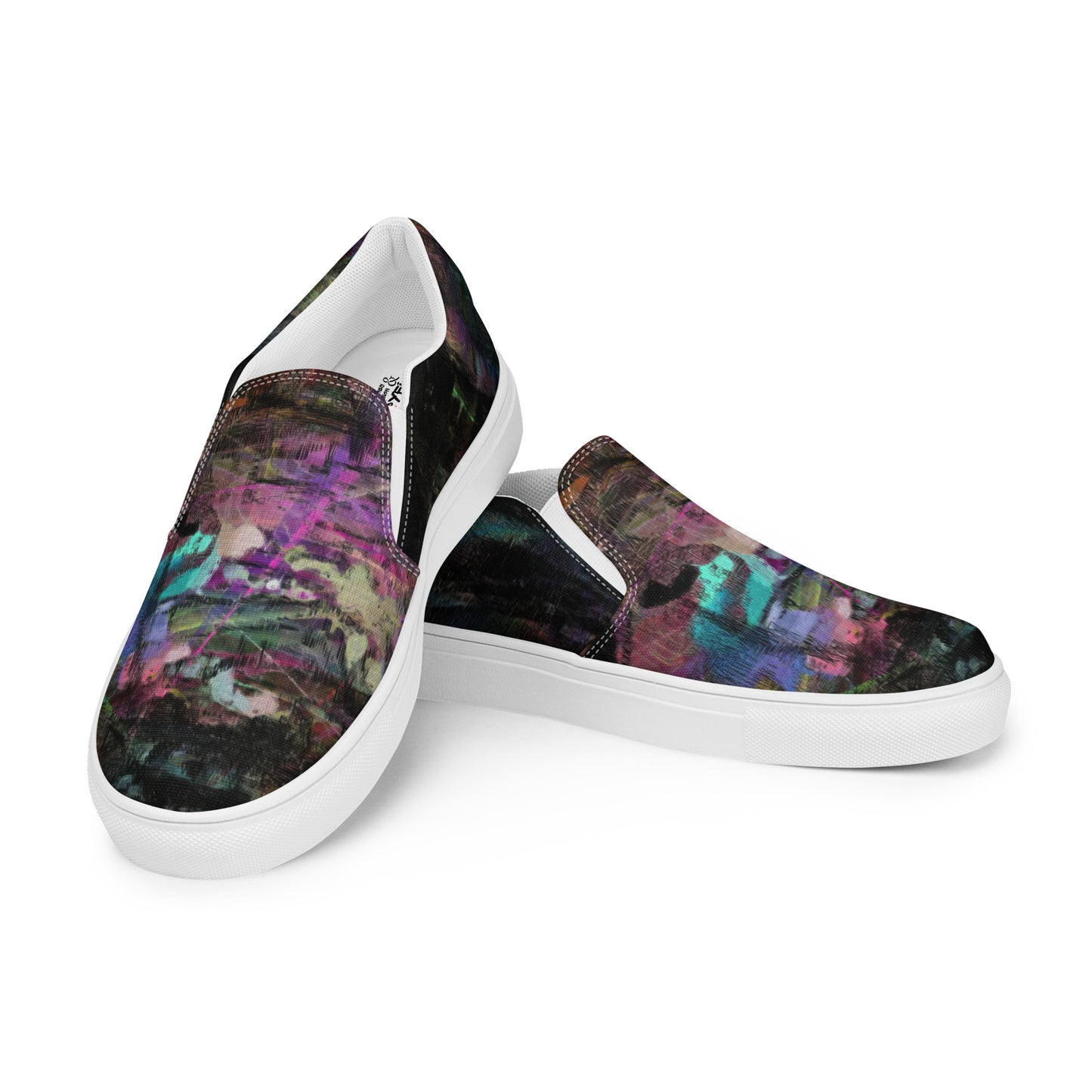 Hipyfi Chromatic Dreams men’s slip-on shoes with vibrant abstract art brushstroke print – urban street style canvas footwear. white-left-front-3
