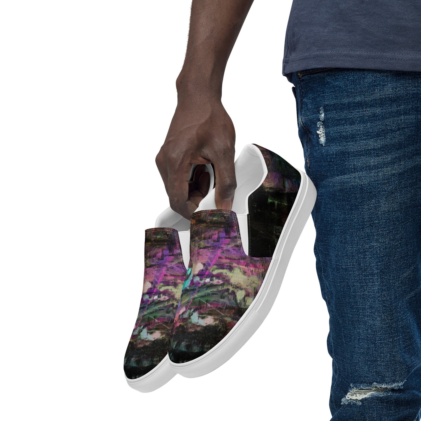 Hipyfi Chromatic Dreams men’s slip-on shoes with vibrant abstract art brushstroke print – urban street style canvas footwear. white-left-front