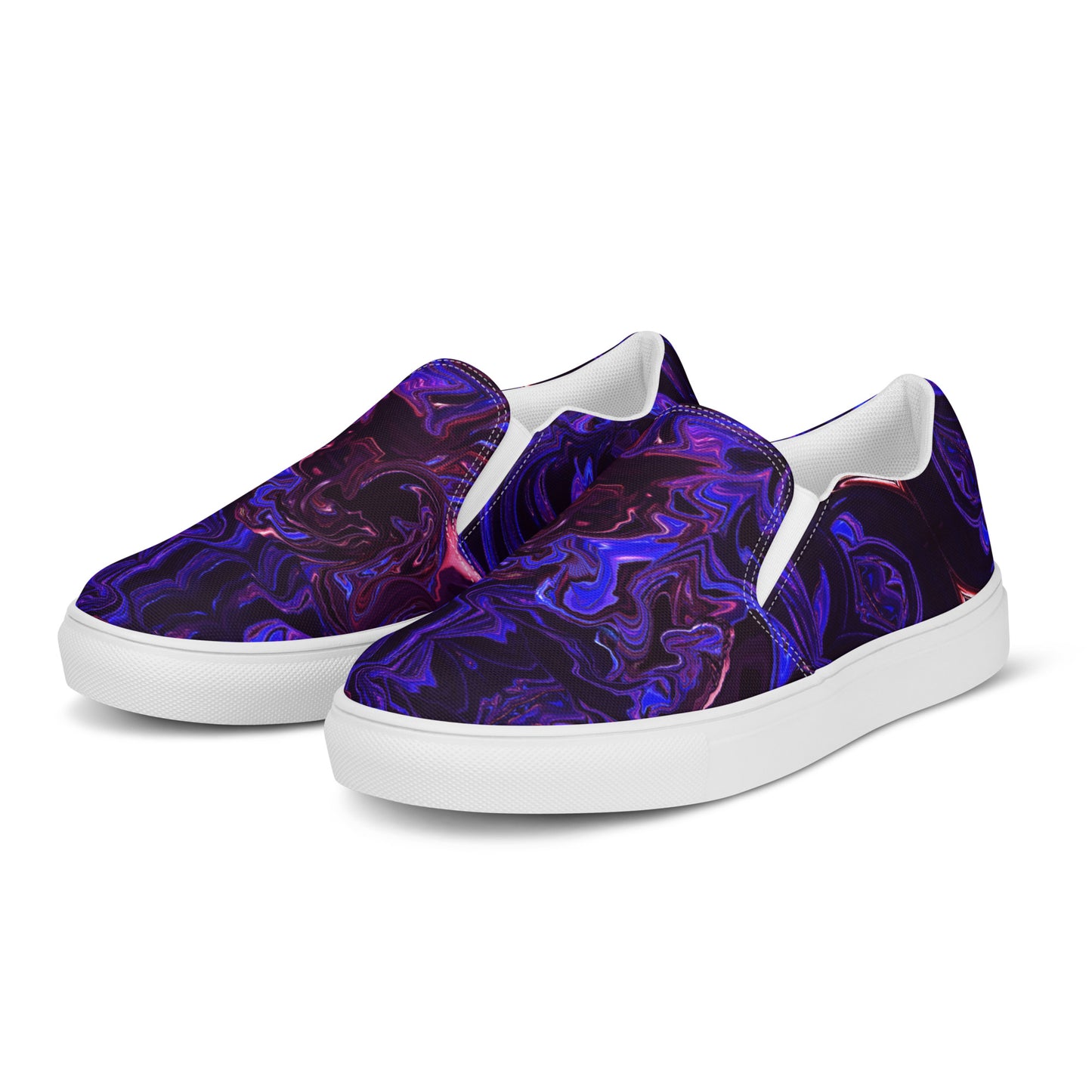 Men's slip-on canvas shoes with abstract purple and blue swirl design – stylish, handmade, and eco-friendly footwear by Hipyfi Clothes & Design. white-left-front
