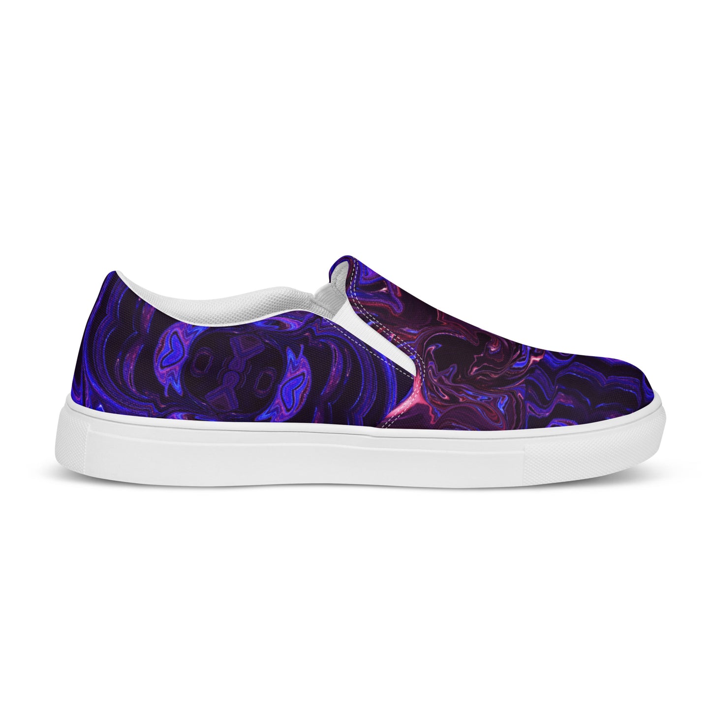 Men's slip-on canvas shoes with abstract purple and blue swirl design – stylish, handmade, and eco-friendly footwear by Hipyfi Clothes & Design. white-left-inside