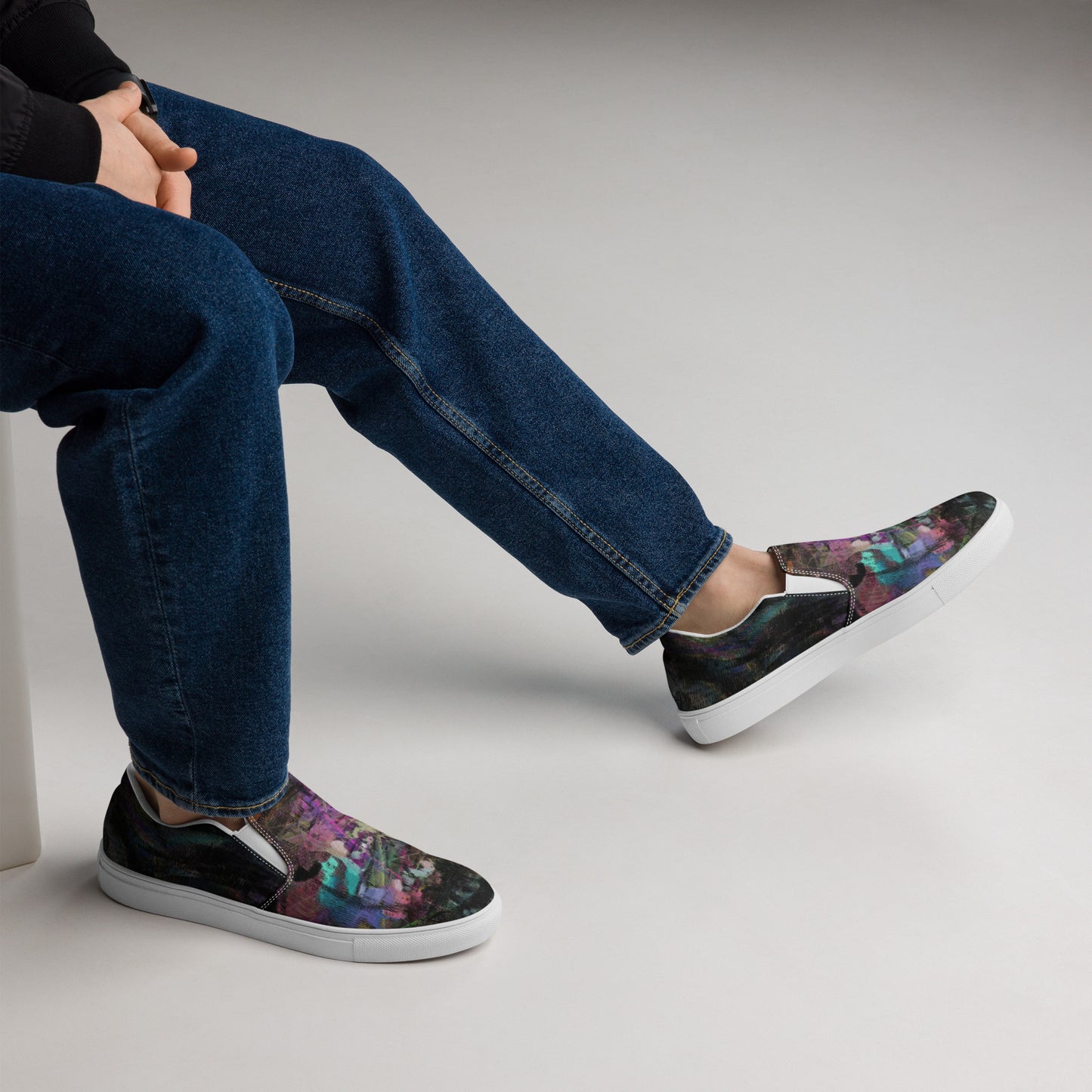 Hipyfi Chromatic Dreams men’s slip-on shoes with vibrant abstract art brushstroke print – urban street style canvas footwear. white-right