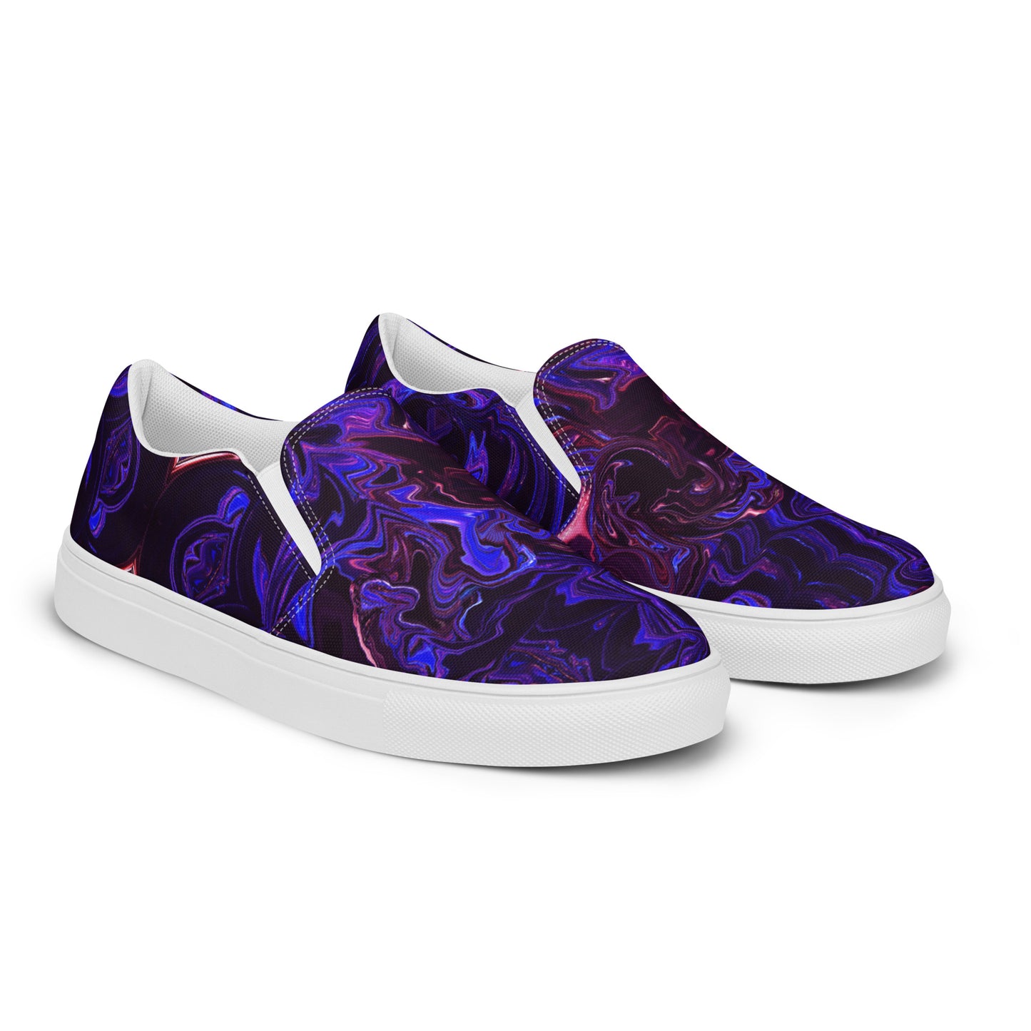 Men's slip-on canvas shoes with abstract purple and blue swirl design – stylish, handmade, and eco-friendly footwear by Hipyfi Clothes & Design. white-right-front-2