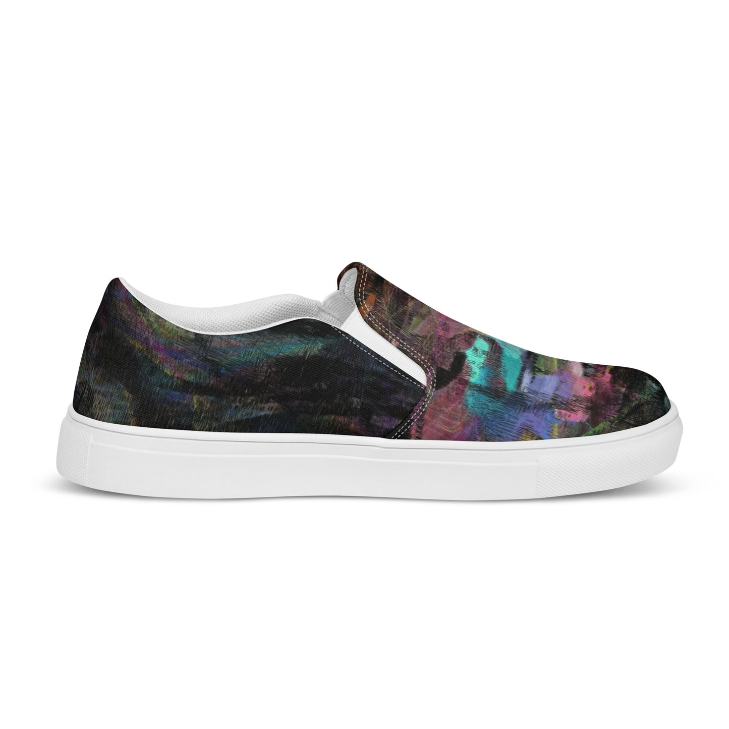 Hipyfi Chromatic Dreams men’s slip-on shoes with vibrant abstract art brushstroke print – urban street style canvas footwear. white-right-outside