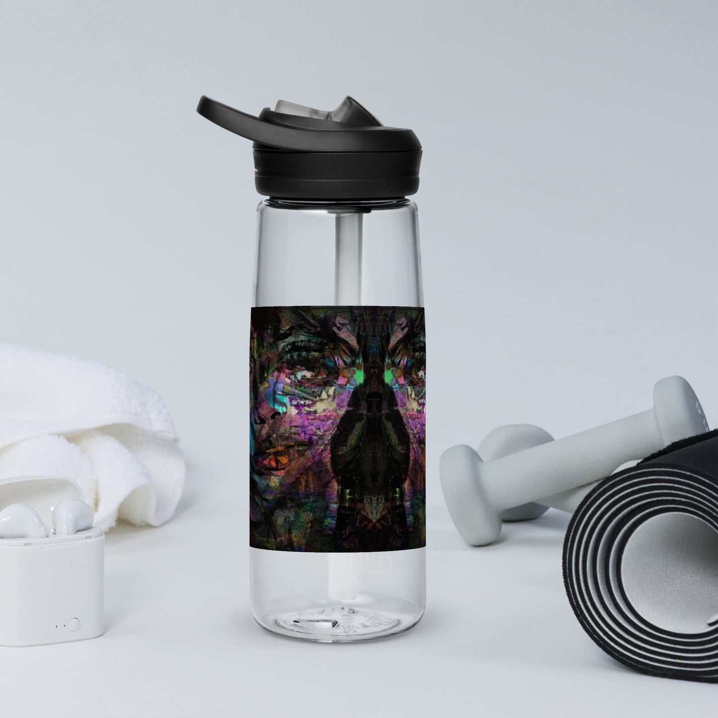 Abstract art sports water bottle with vibrant brushstrokes, crafted from 50% recycled plastic. Spill-proof lid, ergonomic handle. Eco-friendly, design by Hipyfi Clothes & Design. clear-back