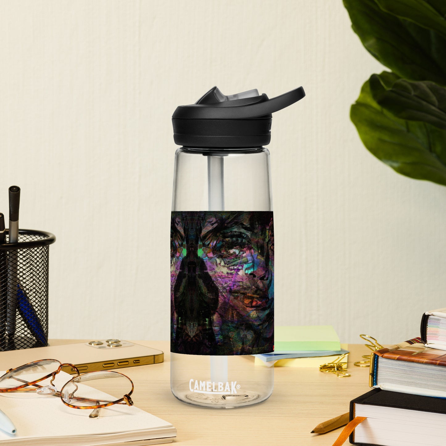 Abstract art sports water bottle with vibrant brushstrokes, crafted from 50% recycled plastic. Spill-proof lid, ergonomic handle. Eco-friendly, design by Hipyfi Clothes & Design. clear-front-2