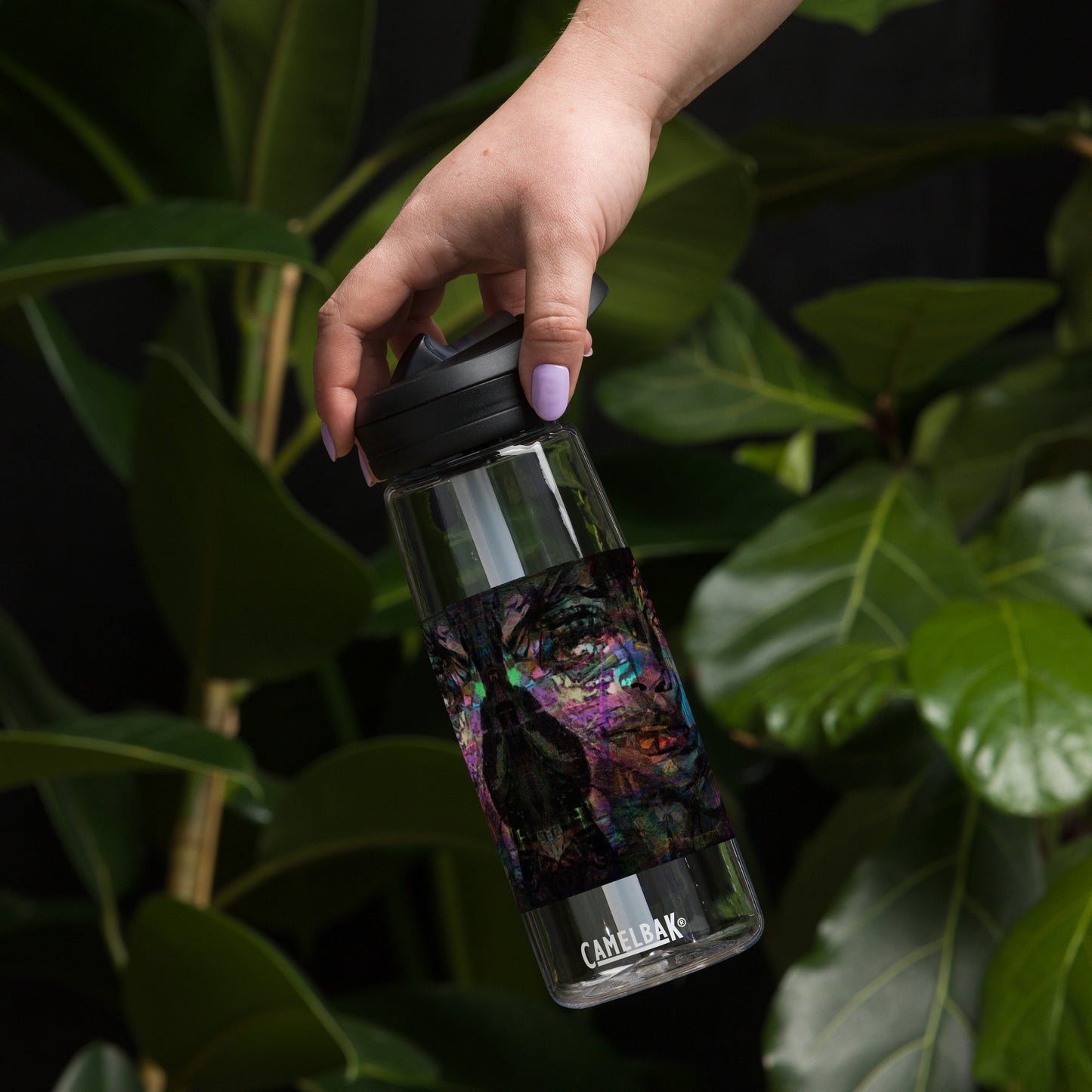 Abstract art sports water bottle with vibrant brushstrokes, crafted from 50% recycled plastic. Spill-proof lid, ergonomic handle. Eco-friendly, design by Hipyfi Clothes & Design. clear-front-4