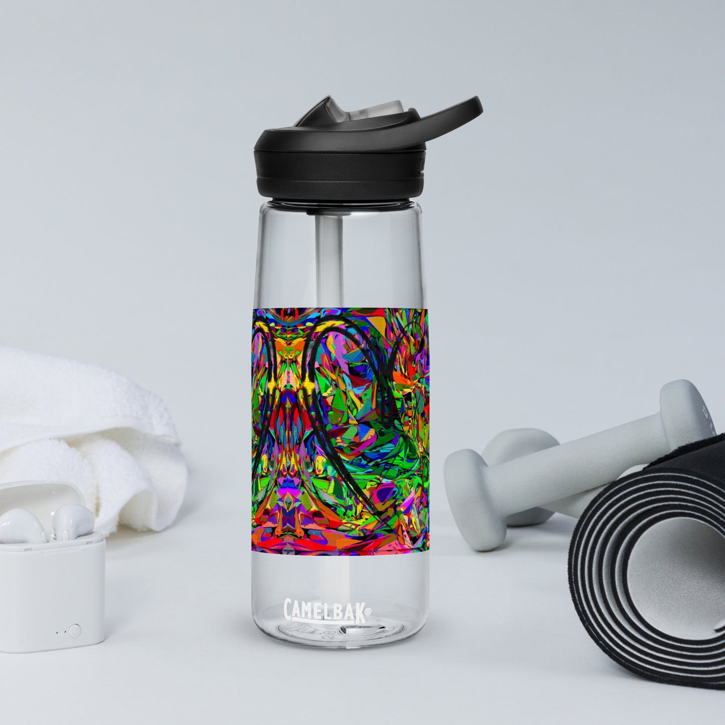 Neon Mythos sports water bottle with abstract multicolor design by Hipyfi Clothes & Design – BPA-free, eco-friendly gym hydration bottle clear-front